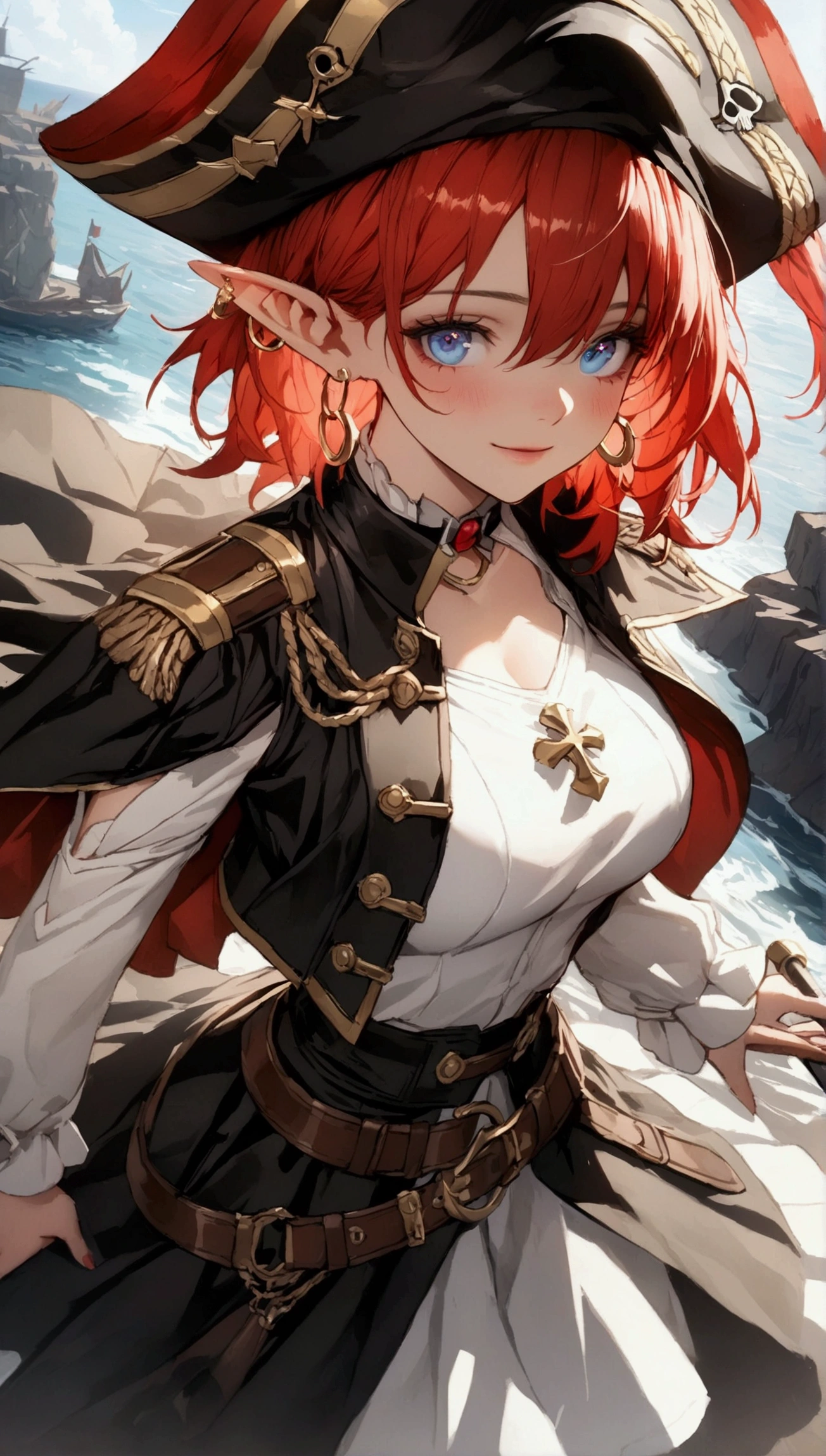 (Masterpiece. The best quality. 8K. Sharp focus. Depth of field, The best shadows. Perfect lighting. HDR. Realistic skin texture. Ultra-detailed background. Detailing). Anime style. Honkai: Star Rail. March 7. 1 girl. Fiery red hair, short hair. Azure - blue eyes, beautiful eyes, beautiful eyes, expressive eyes. Beautiful nose, perfect facial features. Breasts of the second size, beautiful breasts. Long beautiful legs. Pirate hat, white blouse, pirate pants, pirate knee-high boots, leather elbow-length gloves, wide belt at the waist, gold bracelets on the hands, gold hoop earrings in the ears. Pirate cloak uniform. Shoulder straps with the Jolly Roger on the shoulders. On the belt there is a saber and a musket. Stands at full height at the helm of the ship. Full body.