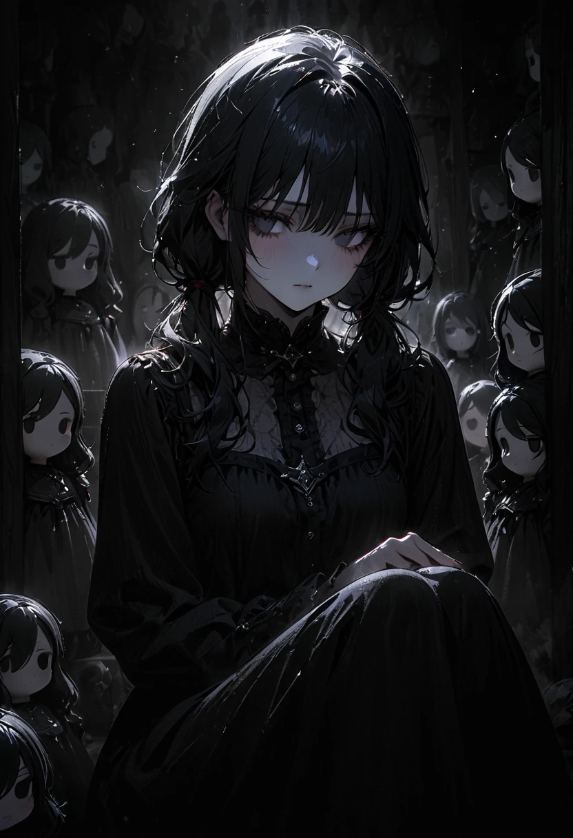 1porcelain doll, low twintails, black hair, detailed face, ((emotionless expression)), ((lifeless)), plain white skin, plain white eyes, long eyelashes, (gaze down), black eye liner, gray lipstick, black dress, medieval theme, (dark horror theme), cold lighting, white lighting, (dust), immovable, (tilt head), (sitting in dark conner of doll shop), (doll shelf), porcelain doll, (masterpiece:1.2), super detailed, best quality, DeepNegative_xl_v1
