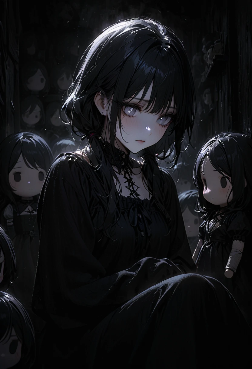 1porcelain doll, low twintails, black hair, detailed face, ((emotionless expression)), ((lifeless)), plain white skin, plain white eyes, long eyelashes, (gaze down), black eye liner, gray lipstick, black dress, medieval theme, (dark horror theme), cold lighting, white lighting, (dust), immovable, (tilt head), (sitting in dark conner of doll shop), (doll shelf), porcelain doll, (masterpiece:1.2), super detailed, best quality, DeepNegative_xl_v1