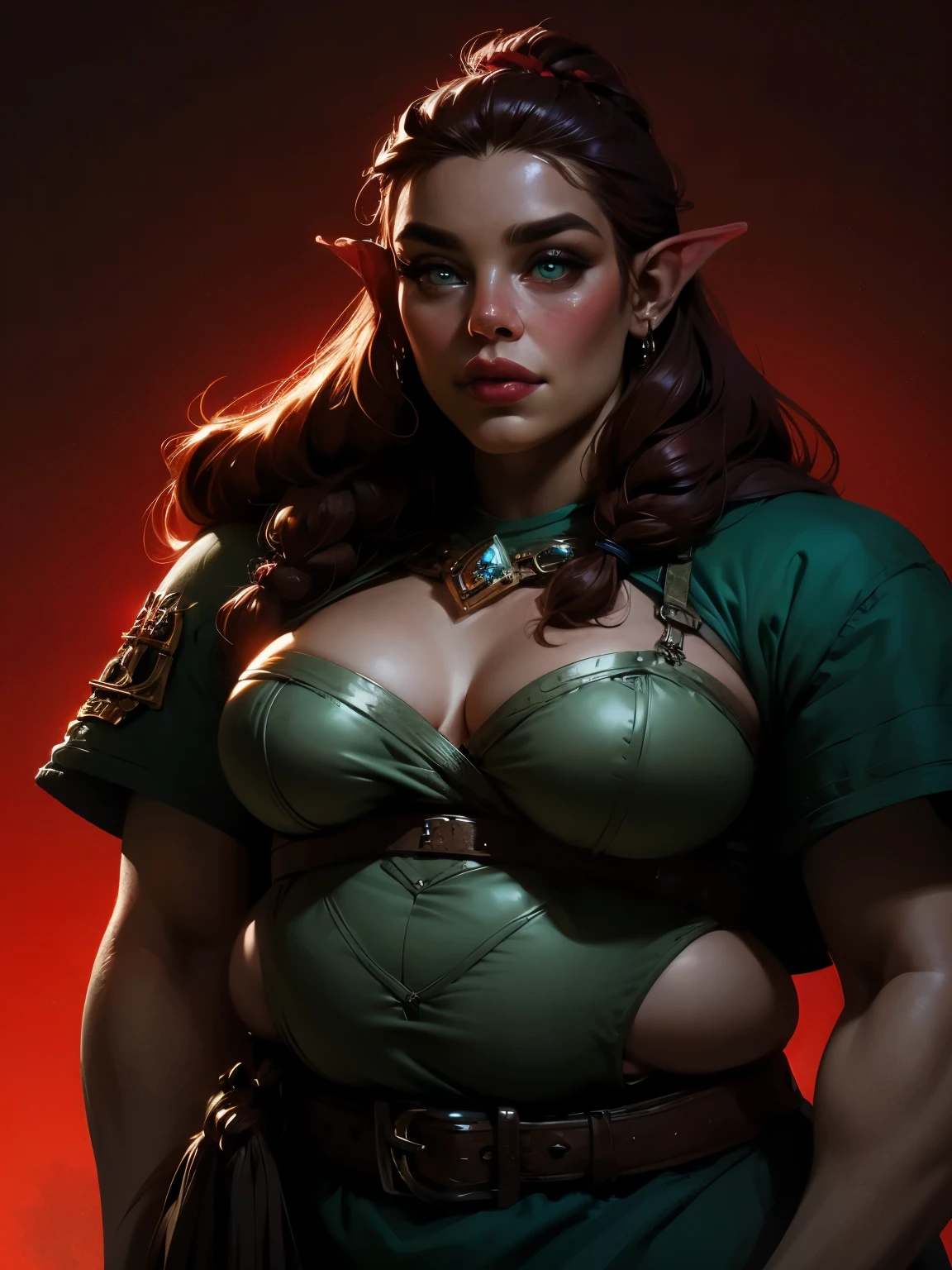 beautiful ginger ((dwarven woman)) in her 30s, with green eyes and striking features, exuding maturity and allure in a seductive pose.(dark-red background),(dwarf) female ,curvy, thick, chubby, short , small, beauty, ginger braided hair, an14