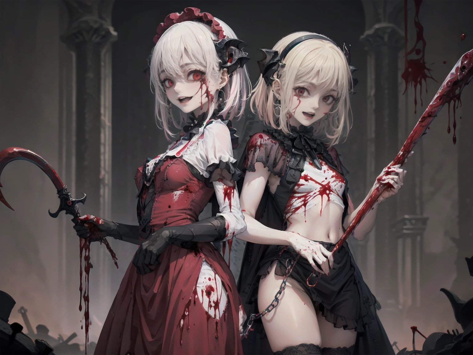 .(Highest quality,4K,High resolution,masterpiece:1.2),Very detailed,Realistic:1.37,Spooky altar background,Dark fantasy,Red color scheme,Ominous atmosphere,Eye-catching,Storytelling,anatomy,Anime Style,Concept Art,beautiful細部までこだわった顔と (((Red eyes ))),A terrifying ritual ,Satanic Ritual,Premature death,inappropriate behavior,クレイジーなsmile,Scythe Face,Girl Monster, beautiful, Delicate facial features, Sharp Eye, Sharp Fangs, pale skin, Thick chain, dark背景, Cinema Lighting, Dramatic Shadows, Gothic style, Gloomy atmosphere, Dark fantasy, One Girl, Please open your mouth wide, Open your mouth and baring your teeth,Sharp teeth like a beast, Wide lips, very wide mouth, Vermilion cheeks, ,(Blood splatter:1.4),Scary smile, smile,Angel Design, Twisted smile、Bloody、bleeding from the head,,,,,、Blood splatter、,(Blood splatter:1.4),skull,Horror Style, ((Fantasy Sweet Lolita Frilly Pink Costume)), ((flowing blonde hair)), ,(Blood splatter:1.4),womanの曲線, Sexy flat stomach, Perfect hands, Perfect anime face, (Pink Lolita Dress)), Are standing, ((邪悪なsmile)), ,(Blood splatter:1.4), Steam circulates, Moonlight Illumination, night lighting, (Blood splatter:1.6),アニメAngel Design, Twisted smile、Bloody、bleeding from the head,,,,,、Blood splatter、,(Blood splatter:1.4), skull,Gothic architecture、Western architecture、Fantasy World、,Victorian cities, Skeleton Gas Light,Absurd, High resolution、 ((Tabletop)), ((Highest quality)), (Very detailedな), ((Very detailed)), (beautiful), ((pretty girl)), (NFSW:1.8), alone,(10 years old:1.6)、(world&#39;The most terrifying and creepy demon girl:1.5)beautiful face、Whole Body Ezbian、pale, Beautiful Skin、beautiful金の髪、Smiling Kindly、dark建物の廃墟、(snow white&#39;Frill dress:1.3)、(dark廃墟は血に染まっている:1.3)、Low angle full body shot、(少女は血の海の中にAre standing:1.5)、(The ground is full of blood:1.3)、(The girl lost a lot of blood...:1.3)、(クレイジーなsmile:1.6)、Spirits、(Blood dripping from the mouth:1.3)、alone, woman, Pause, The empty, red glow of the void, Long, messy white hair, Very white skin:1.3, Flat Chest, slim, boredom, Tattered royal gown, Black Aura:.4, rich, magic, Cape to wear on shoulders, Partially skeletonized, Goldsmith&#39;s Black Nails, Book, Dungeons, dark, close, holding ancient Book