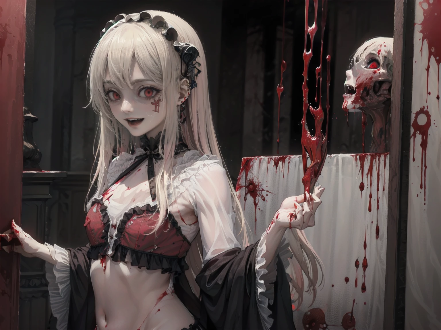 .(Highest quality,4K,High resolution,masterpiece:1.2),Very detailed,Realistic:1.37,Spooky altar background,Dark fantasy,Red color scheme,Ominous atmosphere,Eye-catching,Storytelling,anatomy,Anime Style,Concept Art,beautiful細部までこだわった顔と (((Red eyes ))),A terrifying ritual ,Satanic Ritual,Premature death,inappropriate behavior,クレイジーなsmile,Scythe Face,Girl Monster, beautiful, Delicate facial features, Sharp Eye, Sharp Fangs, pale skin, Thick chain, dark背景, Cinema Lighting, Dramatic Shadows, Gothic style, Gloomy atmosphere, Dark fantasy, One Girl, Please open your mouth wide, Open your mouth and baring your teeth,Sharp teeth like a beast, Wide lips, very wide mouth, Vermilion cheeks, ,(Blood splatter:1.4),Scary smile, smile,Angel Design, Twisted smile、Bloody、bleeding from the head,,,,,、Blood splatter、,(Blood splatter:1.4),skull,Horror Style, ((Fantasy Sweet Lolita Frilly Pink Costume)), ((flowing blonde hair)), ,(Blood splatter:1.4),womanの曲線, Sexy flat stomach, Perfect hands, Perfect anime face, (Pink Lolita Dress)), Are standing, ((邪悪なsmile)), ,(Blood splatter:1.4), Steam circulates, Moonlight Illumination, night lighting, (Blood splatter:1.6),アニメAngel Design, Twisted smile、Bloody、bleeding from the head,,,,,、Blood splatter、,(Blood splatter:1.4), skull,Gothic architecture、Western architecture、Fantasy World、,Victorian cities, Skeleton Gas Light,Absurd, High resolution、 ((Tabletop)), ((Highest quality)), (Very detailedな), ((Very detailed)), (beautiful), ((pretty girl)), (NFSW:1.8), alone,(10 years old:1.6)、(world&#39;The most terrifying and creepy demon girl:1.5)beautiful face、Whole Body Ezbian、pale, Beautiful Skin、beautiful金の髪、Smiling Kindly、dark建物の廃墟、(snow white&#39;Frill dress:1.3)、(dark廃墟は血に染まっている:1.3)、Low angle full body shot、(少女は血の海の中にAre standing:1.5)、(The ground is full of blood:1.3)、(The girl lost a lot of blood...:1.3)、(クレイジーなsmile:1.6)、Spirits、(Blood dripping from the mouth:1.3)、alone, woman, Pause, The empty, red glow of the void, Long, messy white hair, Very white skin:1.3, Flat Chest, slim, boredom, Tattered royal gown, Black Aura:.4, rich, magic, Cape to wear on shoulders, Partially skeletonized, Goldsmith&#39;s Black Nails, Book, Dungeons, dark, close, holding ancient Book