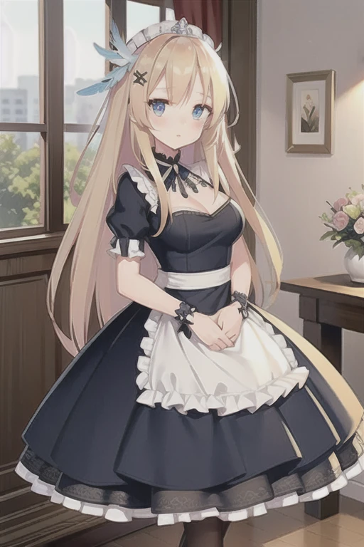 saratoga \(warship girls r\),1girl, solo, (8k, masterpiece:1.2),highly detailed,ultra-detailed,masterclass,hair_between_eyes,braid,perfect lighting,medium breasts,hair ornament,(detailed facial features),full body,long_hair,blush,feathers hair ornament,(dark blue wedding dress:1.2) night,windows,indoors,light,indoors,carpet,illustration,cowboy shot,masterpiece,best quality,(MediumBlue evening dress:1.2), blonde long hair(delicate hair),blue eyes(delicate eyes),