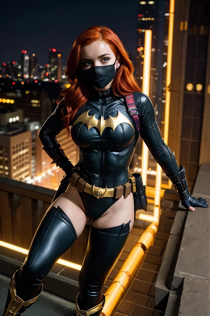 Batgirl, red hair, black bodysuit, gold bat symbol, gloves And boots, mask, detailed utility belt, athletic build, nighttime in Gotham City