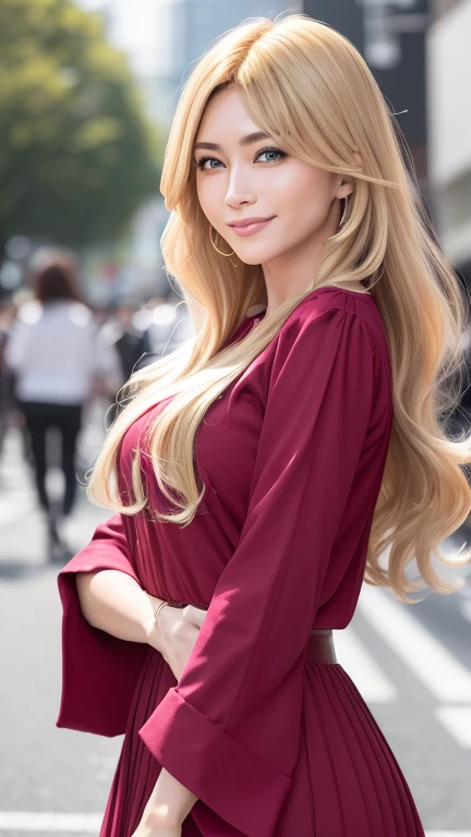 (Cowboy Shot、Highest quality、8k、Award-winning works、Ultra-high resolution)、One beautiful woman、(The perfect and most natural red long sleeve shirt:1.1)、(blonde:1.1)、Bright color contacts、Perfect Makeup、Bright and shiny lipstick、(Deep pink around the eyes:1.1)、Beautiful bright eyeshadow、Heavy makeup around the eyes、very long wavy hair、(Romantic affection:1.1)、The best smile he had when he saw me、(Many of them emphasize the body line....:1.1)、(Strongly blurred vibrant Harajuku city background:1.1)、(Strongly blurred background:1.1)、Accurate anatomy、Ultra HD Hair、(Ultra-high resolutionの完璧な美しい歯:1.1)、Ultra-high definition beauty face、Ultra HD Hair、Ultra HD Shining Eyes、輝くUltra-high resolutionの美肌、Ultra-high resolutionの艶やかな唇