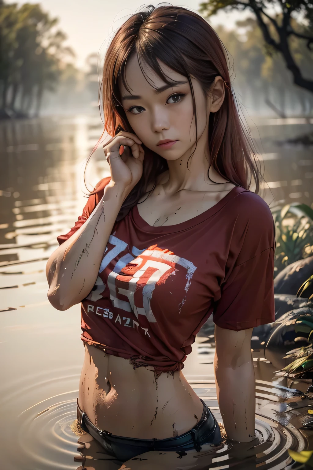 (best qualityer,4K,8k,high resolution,work of art:1.2),ultra detali,(realisitic,photorealisitic,photo-realisitic:1.4), ((virado para a frente:1.3, subject in the center of vision)), professional photography by Dunitskiy David, naturallight, Close-up portraits, a beautiful mature Japanese girl, ((wearing big red t-shirt:1.5, no back ground:1.5), (hold the breast by the hand:1.3)), (angel likeness:1.2), desperate looks, soft glow, Elegant beauty, detailedeyes, attractive poses, Delicate skin texture, flowing messy hair, long redhead hair, round face feature, seductive expression, greasy posture, fat body, (((naturally sagging chest))), (Expose abdomen:1.3), Wet and dirty body, (diving into the dirty swamp:1.3) at sunset, subtle shadows, dirty background, Shallow depth of field, hight contrast, dark and foggy atmosphere, fine - art photography, low angle, close up, photon mapping,