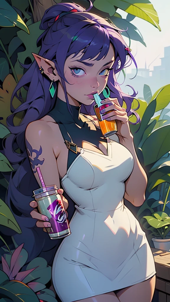 anime girl with purple hair and piercings drinking from a cup, commission for high res, elf girl, anime girl drinks energy drink, succubus in sundress portrait, oc commission, morrigan, morgana from league of legends, commission for, full color illustration, full color digital illustration, tiefling from d & d, fully colored, full colored, tiefling