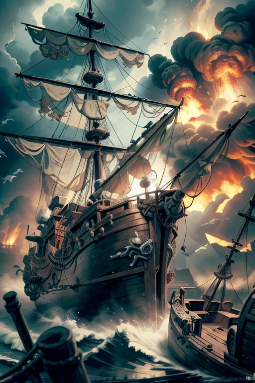(8k, Highest quality, masterpiece)，Pirate War, Pirates ship war fighting each other, epic pirate battle, cannon fire, pirate ship war, detailed pirate ship, chaotic battle scene, stormy sea, dark clouds, fire and smoke,{Realistic, RAW Photos, Super Fine Clear, Impressionist painting, (Influenced by Impressionist painting:1.1)}, naval battle, Pirate Combat,  by W. Heath Robinson, 