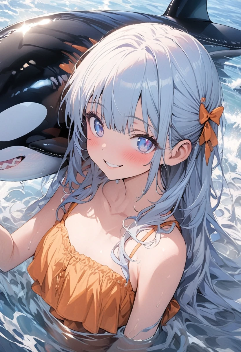 masterpiece, best quality, extremely detailed, (illustration, official art:1.1), 1 girl ,(((( light blue long hair)))), ,(((( light blue long hair)))),light blue hair, , long hair ((blush)) , cute face, big eyes, masterpiece, best quality,(((((a very delicate and beautiful girl))))),Amazing,beautiful detailed eyes,blunt bangs((((little delicate girl)))),tareme(true beautiful:1.2), sense of depth,dynamic angle,,,, affectionate smile, (true beautiful:1.2),,(tiny 1girl model:1.2),)(flat chest), Ride an inflatable killer whale float、1girl、(((best quality)), ((masterpiece)), (details), masterpiece, best quality, high quality, ulutra detailed, perfect face, ((1girl, Blue eyes, ))、Shiny Hair、Glowing Skin、smile、Lustful look、iding on the inflatable killer whale float.Ocean、Ocean、Ocean Water Bath、Orange Bikini、smile、Heart effect