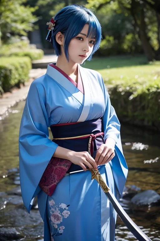 Short blue hair, two-sword style, kimono-like clothing