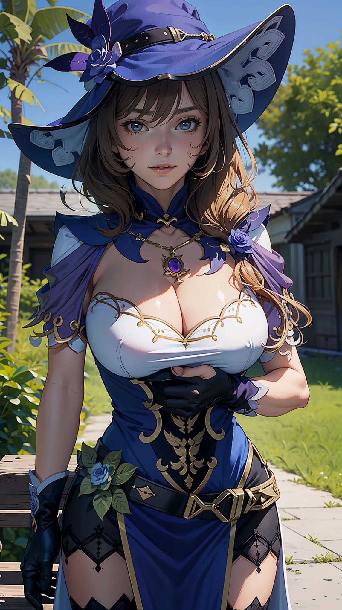 (Girl),(lisadef),masterpiece,huge breast, outdoors, looking at viewer, detail eyes, detail face, standing, smile, (from front:1.8), upper body shot,(detailed face), (cleavage),