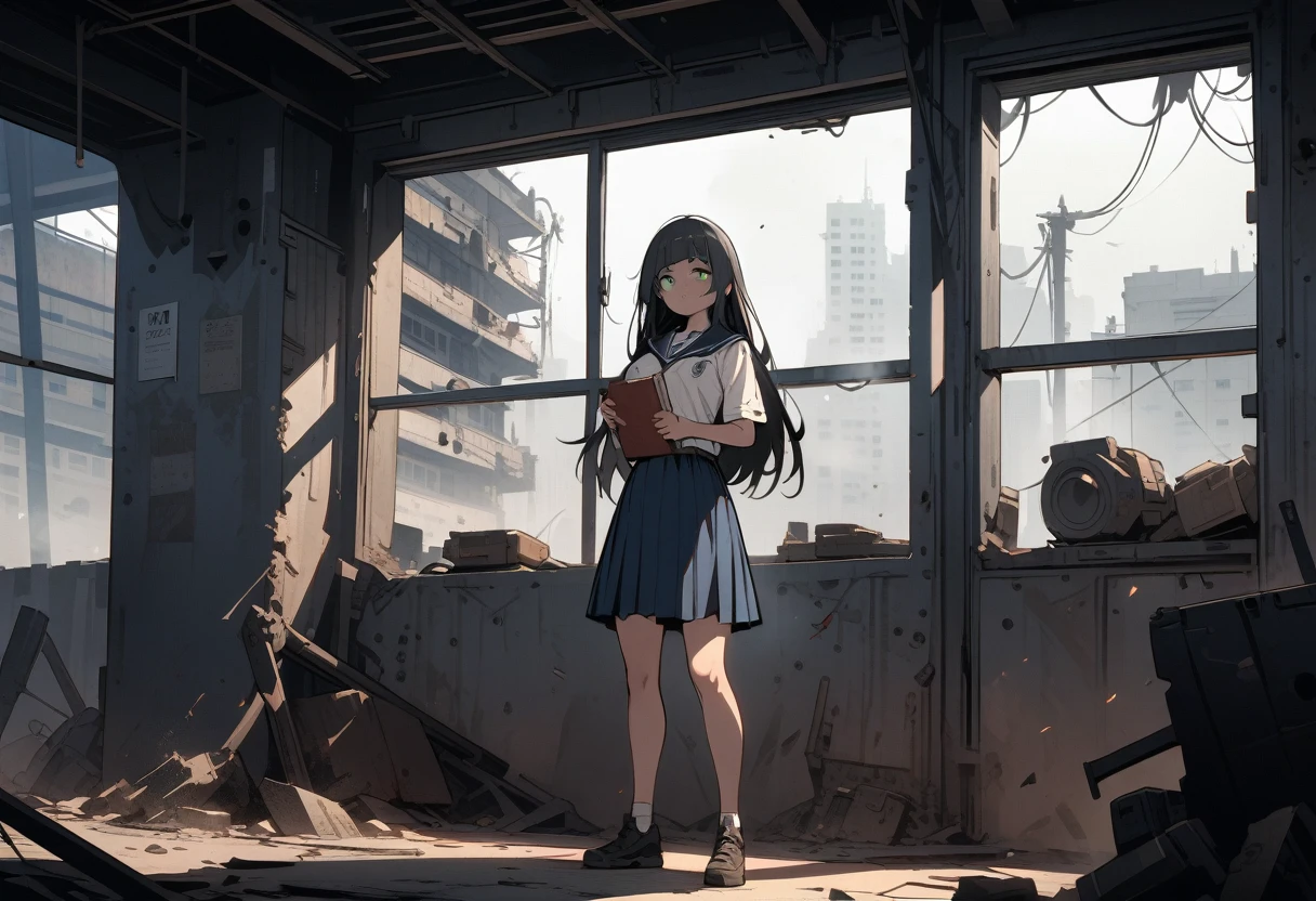 ((best quality)) , ((masterpiece)) , (detailed),A beautiful school girl, with a white shirt and navy blue skirt, long hair with bangs, green eyes, holding books in her hands, standing by the window on a sunny day, with a happy facial expression, in a full body shot, in the style of Makoto Shinkai.,(Dystopian style, Inconsiderate . Bleak, post-apocalyptic, somber, dramatic, highly detailed)