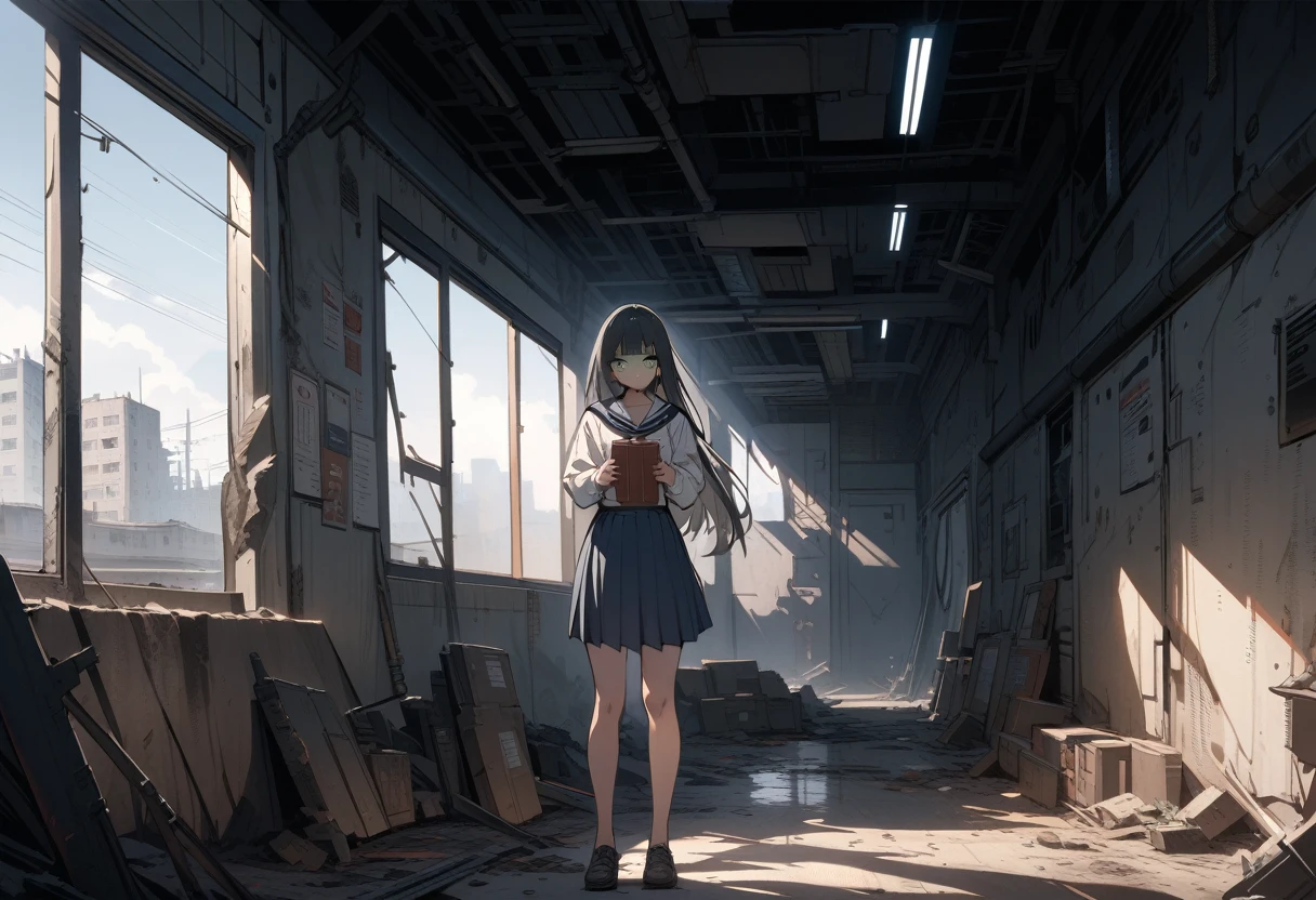 ((best quality)) , ((masterpiece)) , (detailed),A beautiful  school girl, with a white shirt and navy blue skirt, long hair with bangs, green eyes, holding books in her hands, standing by the window on a sunny day, with a happy facial expression, in a full body shot, in the style of Makoto Shinkai.，(Dystopian style, Inconsiderate . Bleak, post-apocalyptic, somber, dramatic, highly detailed)