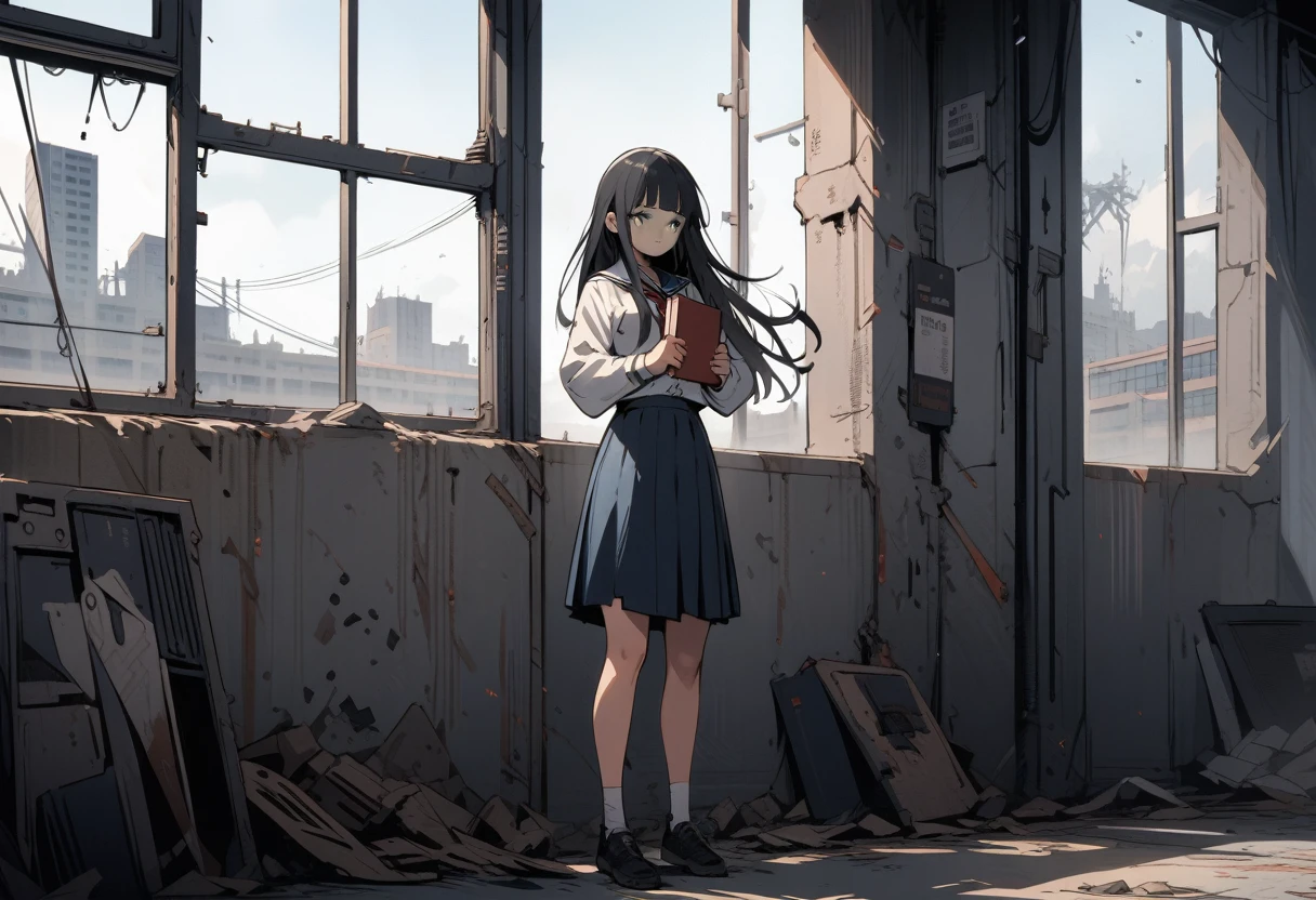 ((best quality)) , ((masterpiece)) , (detailed),A beautiful  school girl, with a white shirt and navy blue skirt, long hair with bangs, green eyes, holding books in her hands, standing by the window on a sunny day, with a happy facial expression, in a full body shot, in the style of Makoto Shinkai.，(Dystopian style, Inconsiderate . Bleak, post-apocalyptic, somber, dramatic, highly detailed)