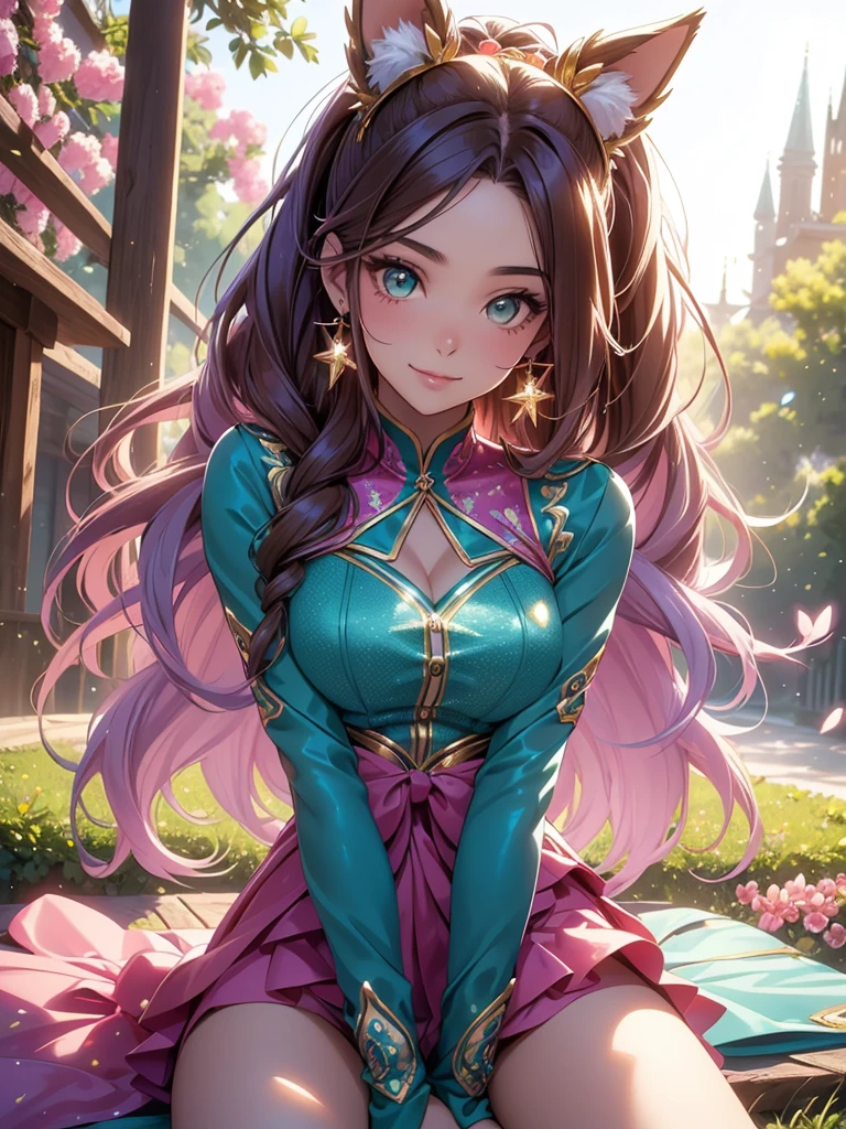(best quality,4k,8k,highres,masterpiece:1.2),ultra-detailed,(realistic,photorealistic,photo-realistic:1.37),acrylic painting,beautiful Brazilian model in a uniform outfit teal and gold with downy hair,beautiful Brazilian model with extremely colorful brown hair and detailed facial features,beautiful Brazilian model standing in a beautiful garden surrounded by a starry sky,brown hair,beautiful Brazilian model wearing a vibrant pink and teal uniform outfit,beautiful Brazilian model with intricate accessories,cat ears, ,beautiful Brazilian model with long flowing twintails,beautiful Brazilian model with bright brown eyes and rosy lips,beautiful Brazilian model with a joyful expression,beautiful Brazilian model in a dynamic pose with cherry blossoms falling around her,beautiful Brazilian model surrounded by colorful flowers and butterflies,beautiful Brazilian model's school uniform outfit adorned with cute bows and lace details teal and gold,beautiful Brazilian model with an enchanting smile,beautiful Brazilian model with soft, pastel-colored shading,beautiful Brazilian model with a magical glow illuminating her,beautiful Brazilian model in a picturesque setting with a winding path leading to a magnificent castle,beautiful Brazilian model with a fairytale-like background,beautiful Brazilian model with a soft, dreamy atmosphere,beautiful Brazilian model with a subtle bokeh effect,beautiful Brazilian model standing under a sunny sky,beautiful Brazilian model with a warm, golden sunset in the background,beautiful Brazilian model surrounded by twinkling stars and colorful nebulae,creating an ethereal and captivating artistic masterpiece, sitting down, facing camera.