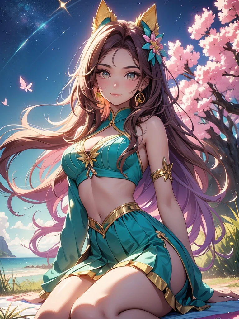 (best quality,4k,8k,highres,masterpiece:1.2),ultra-detailed,(realistic,photorealistic,photo-realistic:1.37),acrylic painting,beautiful Brazilian model in a uniform outfit teal and gold with downy hair,beautiful Brazilian model with extremely colorful brown hair and detailed facial features,beautiful Brazilian model standing in a beautiful garden surrounded by a starry sky,brown hair,beautiful Brazilian model wearing a vibrant pink and teal uniform outfit,beautiful Brazilian model with intricate accessories,cat ears, ,beautiful Brazilian model with long flowing twintails,beautiful Brazilian model with bright brown eyes and rosy lips,beautiful Brazilian model with a joyful expression,beautiful Brazilian model in a dynamic pose with cherry blossoms falling around her,beautiful Brazilian model surrounded by colorful flowers and butterflies,beautiful Brazilian model's school uniform outfit adorned with cute bows and lace details teal and gold,beautiful Brazilian model with an enchanting smile,beautiful Brazilian model with soft, pastel-colored shading,beautiful Brazilian model with a magical glow illuminating her,beautiful Brazilian model in a picturesque setting with a winding path leading to a magnificent castle,beautiful Brazilian model with a fairytale-like background,beautiful Brazilian model with a soft, dreamy atmosphere,beautiful Brazilian model with a subtle bokeh effect,beautiful Brazilian model standing under a sunny sky,beautiful Brazilian model with a warm, golden sunset in the background,beautiful Brazilian model surrounded by twinkling stars and colorful nebulae,creating an ethereal and captivating artistic masterpiece, sitting down, facing camera.