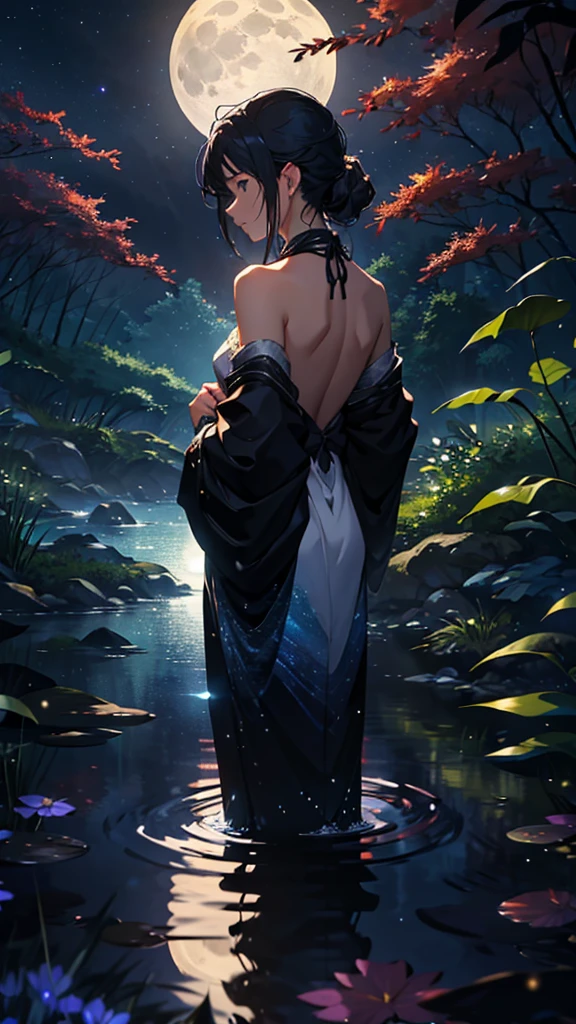 ((high quality)), ((masterpiece)), 8k, Anime style. The back of a woman. Under the moonlit sky, the stream glimmers with silver light, the moon's reflection dancing across its surface. The tranquil night is punctuated by the soft sounds of water and the rustling of leaves, creating a mystical nighttime reverie.20mAway
