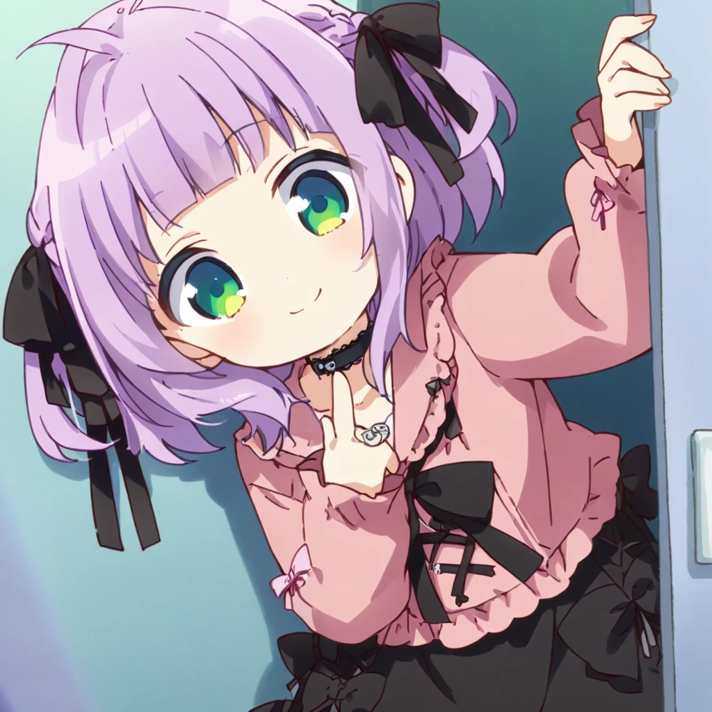 A girl, cute, kawaii, masterpiece, detailed description, detailed line drawing, (a girl with closs hair pin, A girl has her fingers on the door, sticking her head out and looking at viewer. Light purple hair, smiling face, green eyes. closs hair pin, pink shirt, cosplay, jirai kei, bangs, black skirt, black bow, looking at viewer, bow, long sleeves, choker, ribbon:1.4), anime visual, (tilt head:1.3), from the side, looking at the viewer, full body shot,