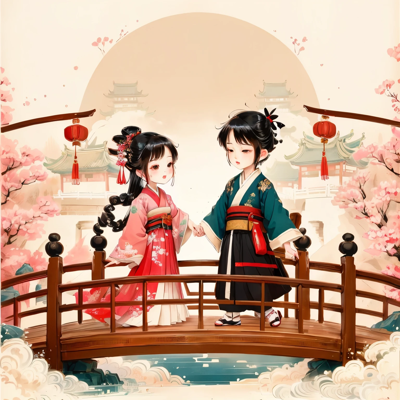 There is a cartoon，A couple standing on the bridge, Boy Girl Traditional Romance, A beautiful artistic illustration, Hand drawn cartoon art style, Japanese art style, Japanese cartoon style, Wearing ancient Chinese clothes, Lovely art style, cartoon style illustration, Ancient Chinese Art Style, Lovely and detailed digital art, Cute digital art, Chinese painting style, Japanese-style, Chinese watercolor style