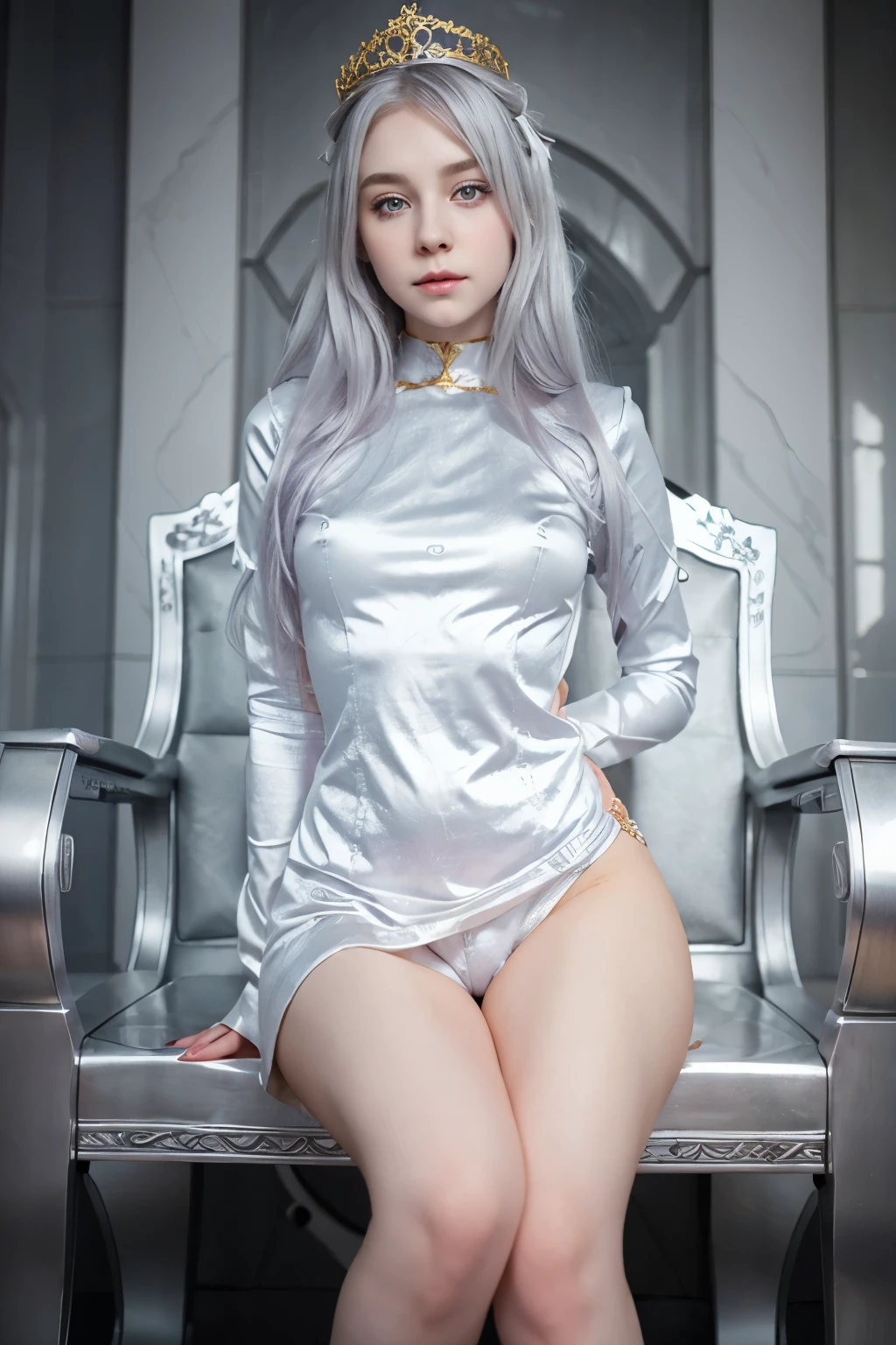 Cute girl, princess, silver hair, violet eyes, pale skin, adorable person sitting on the throne, wearing white, silver and gold, NSFW