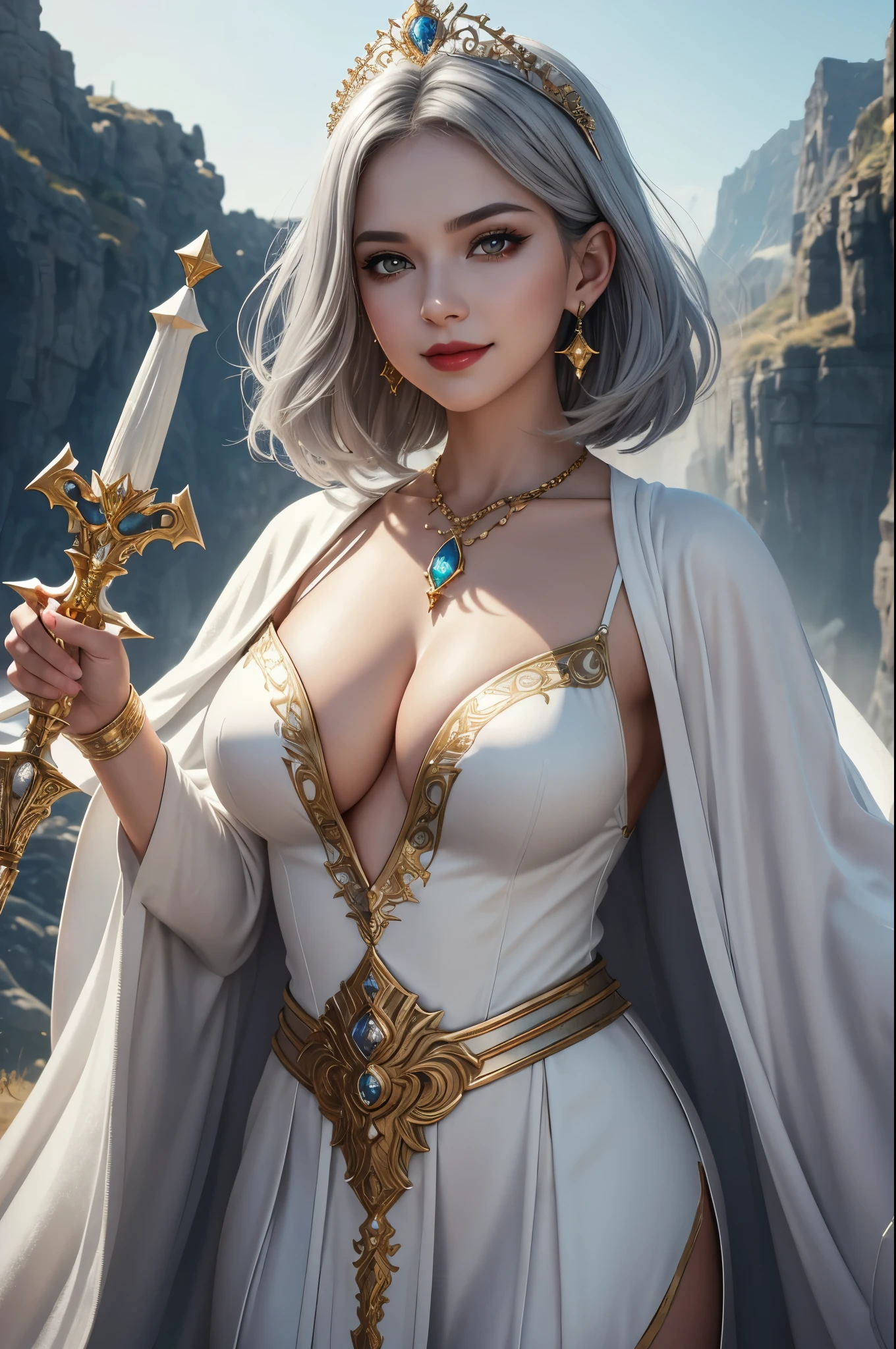 8k,Cute chubby body,Very large breasts,Grey medium bob hair,Baby Face,Close-up of a pretty person in a white evil god costume holding a sacred staff, Cute Fantasy Empress, ((Cute Fantasy Empress)), glamorous.Very detailed, Very detailed , Up to the model | Types of bacteria, Trending on cgstation, Art Station, Gorgeous black cloak,Ultra-high resolution,Ultra-Realistic Skin,Cute expression,Fantasy art,Laughter(Like the real thing),Straight hair,Golden Eyes,Red Gem Earrings,Blue gemstone necklace,Luxury White Gauntlets,Red lipstick,Red eyeshadow,Evil God Makeup,Battle Scenes,Action Scenes,Fighting Pose,masterpiece,Photorealistic RAW photos of the highest quality。Bright colors,Rich colors, Backlight, Cinema Lighting, Film Grain, 50mm lens, Nikon D850,Beautiful expression,Fantasy art,Character Art,View your viewers,Top view,smile,thin body type,Gray hair Medium bob hair,White and gold robe,Young girl,Pure white medium bob hair,Accentuate your cleavage,