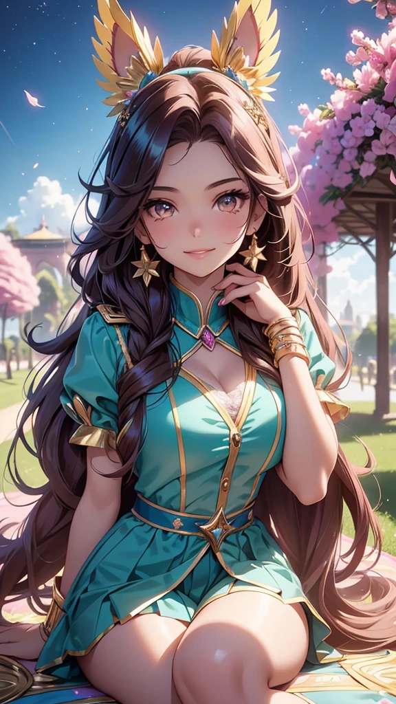 (best quality,4k,8k,highres,masterpiece:1.2),ultra-detailed,(realistic,photorealistic,photo-realistic:1.37),acrylic painting,beautiful Brazilian model in pink outfit with downy hair,beautiful Brazilian model with extremely colorful brown hair and detailed facial features,beautiful Brazilian model standing in a beautiful garden surrounded by a starry sky,brown hair,beautiful Brazilian model with intricate accessories,cat ears, ,beautiful Brazilian model with long flowing twintails,beautiful Brazilian model with bright brown eyes and rosy lips,beautiful Brazilian model with a joyful expression,beautiful Brazilian model in a dynamic pose with cherry blossoms falling around her,beautiful Brazilian model surrounded by colorful flowers and butterflies,beautiful Brazilian model with an enchanting smile,beautiful Brazilian model with soft, pastel-colored shading,beautiful Brazilian model with a magical glow illuminating her,beautiful Brazilian model in a picturesque setting with a winding path leading to a magnificent castle,beautiful Brazilian model with a fairytale-like background,beautiful Brazilian model with a soft, dreamy atmosphere,beautiful Brazilian model with a subtle bokeh effect,beautiful Brazilian model standing under a sunny sky,beautiful Brazilian model with a warm, golden sunset in the background,beautiful Brazilian model surrounded by twinkling stars and colorful nebulae,creating an ethereal and captivating artistic masterpiece, facing camera, up close, face only, suit dress outfit.