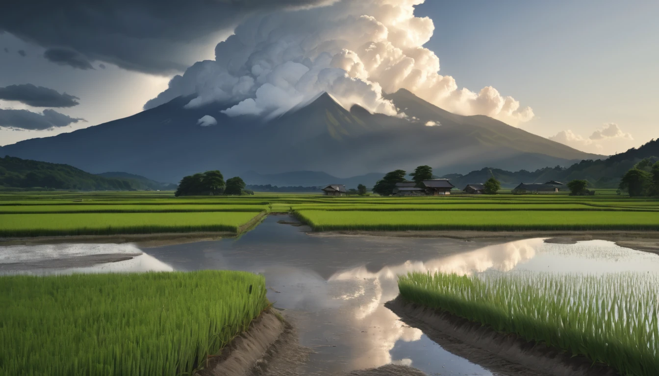 detailed traditional japanese rural landscape, rice fields, dirt paths, midsummer, sunny, cumulonimbus clouds, daytime, (best quality,4k,8k,highres,masterpiece:1.2),ultra-detailed,(realistic,photorealistic,photo-realistic:1.37),HDR,UHD,studio lighting,ultra-fine painting,sharp focus,physically-based rendering,extreme detail description,professional,vivid colors,bokeh,landscape