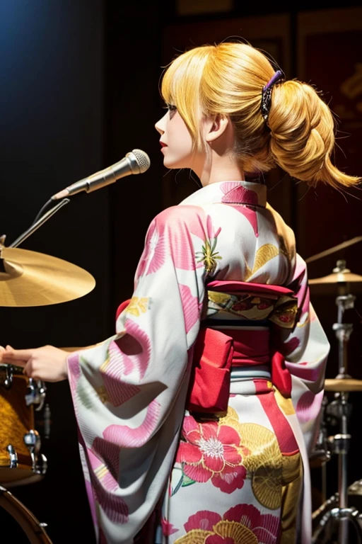 kimono、Golden Hair、woman、stand、Back view、back of head、drum set