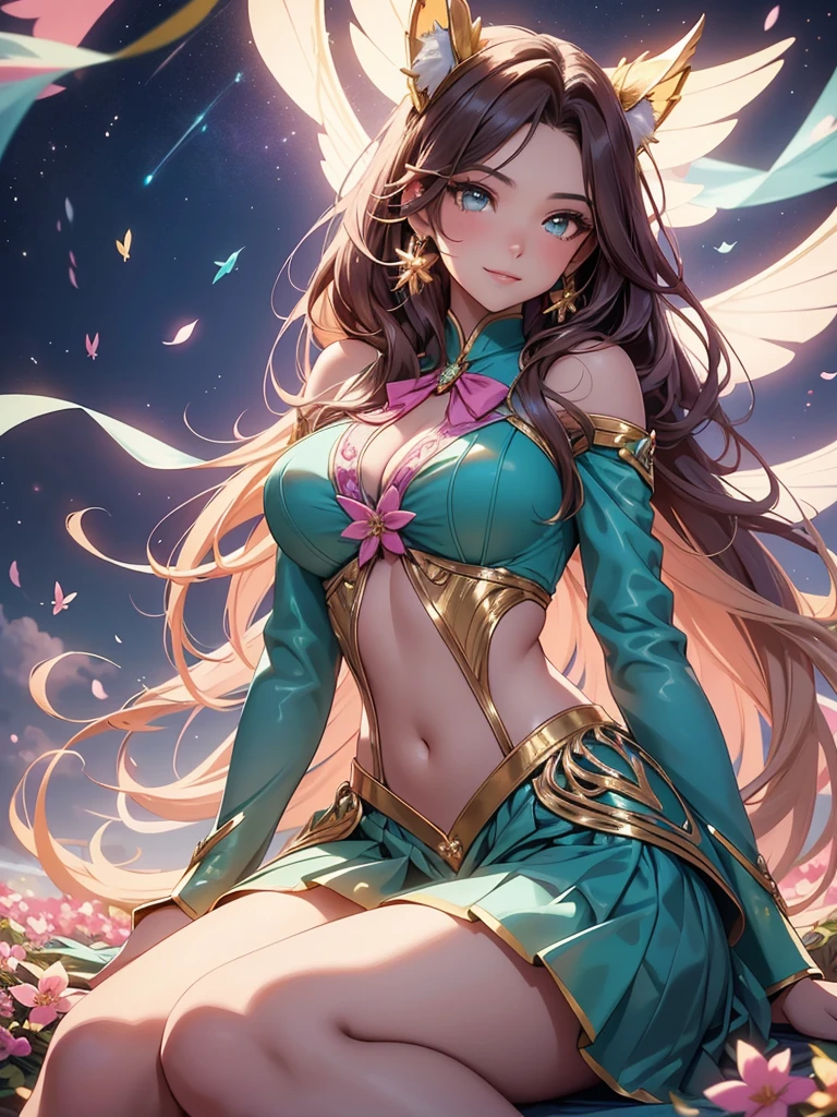 (best quality,4k,8k,highres,masterpiece:1.2),ultra-detailed,(realistic,photorealistic,photo-realistic:1.37),acrylic painting,beautiful Brazilian model in a uniform outfit teal and gold with downy hair,beautiful Brazilian model with extremely colorful brown hair and detailed facial features,beautiful Brazilian model standing in a beautiful garden surrounded by a starry sky,brown hair,beautiful Brazilian model wearing a vibrant pink and teal uniform outfit,beautiful Brazilian model with intricate accessories,cat ears, ,beautiful Brazilian model with long flowing twintails,beautiful Brazilian model with bright brown eyes and rosy lips,beautiful Brazilian model with a joyful expression,beautiful Brazilian model in a dynamic pose with cherry blossoms falling around her,beautiful Brazilian model surrounded by colorful flowers and butterflies,beautiful Brazilian model's school uniform outfit adorned with cute bows and lace details teal and gold,beautiful Brazilian model with an enchanting smile,beautiful Brazilian model with soft, pastel-colored shading,beautiful Brazilian model with a magical glow illuminating her,beautiful Brazilian model in a picturesque setting with a winding path leading to a magnificent castle,beautiful Brazilian model with a fairytale-like background,beautiful Brazilian model with a soft, dreamy atmosphere,beautiful Brazilian model with a subtle bokeh effect,beautiful Brazilian model standing under a sunny sky,beautiful Brazilian model with a warm, golden sunset in the background,beautiful Brazilian model surrounded by twinkling stars and colorful nebulae,creating an ethereal and captivating artistic masterpiece, sitting down, facing camera.