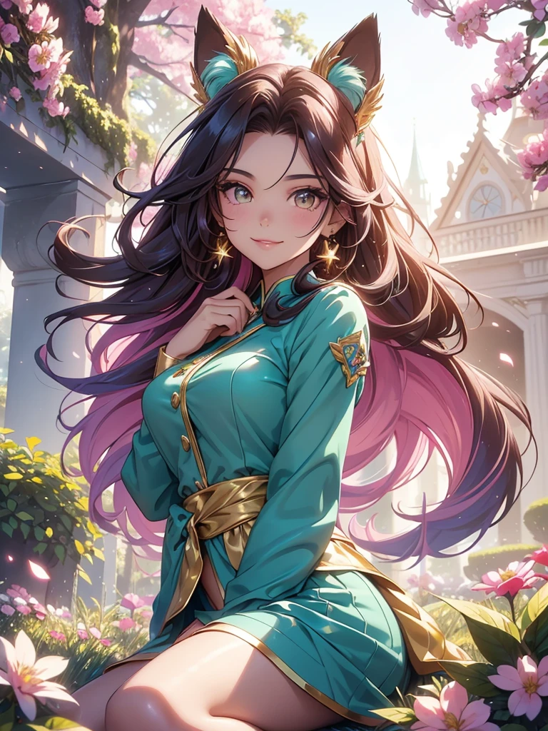 (best quality,4k,8k,highres,masterpiece:1.2),ultra-detailed,(realistic,photorealistic,photo-realistic:1.37),acrylic painting,beautiful Brazilian model in pink outfit with downy hair,beautiful Brazilian model with extremely colorful brown hair and detailed facial features,beautiful Brazilian model standing in a beautiful garden surrounded by a starry sky,brown hair,beautiful Brazilian model with intricate accessories,cat ears, ,beautiful Brazilian model with long flowing twintails,beautiful Brazilian model with bright brown eyes and rosy lips,beautiful Brazilian model with a joyful expression,beautiful Brazilian model in a dynamic pose with cherry blossoms falling around her,beautiful Brazilian model surrounded by colorful flowers and butterflies,beautiful Brazilian model with an enchanting smile,beautiful Brazilian model with soft, pastel-colored shading,beautiful Brazilian model with a magical glow illuminating her,beautiful Brazilian model in a picturesque setting with a winding path leading to a magnificent castle,beautiful Brazilian model with a fairytale-like background,beautiful Brazilian model with a soft, dreamy atmosphere,beautiful Brazilian model with a subtle bokeh effect,beautiful Brazilian model standing under a sunny sky,beautiful Brazilian model with a warm, golden sunset in the background,beautiful Brazilian model surrounded by twinkling stars and colorful nebulae,creating an ethereal and captivating artistic masterpiece, facing camera, up close, face only, suit dress outfit.