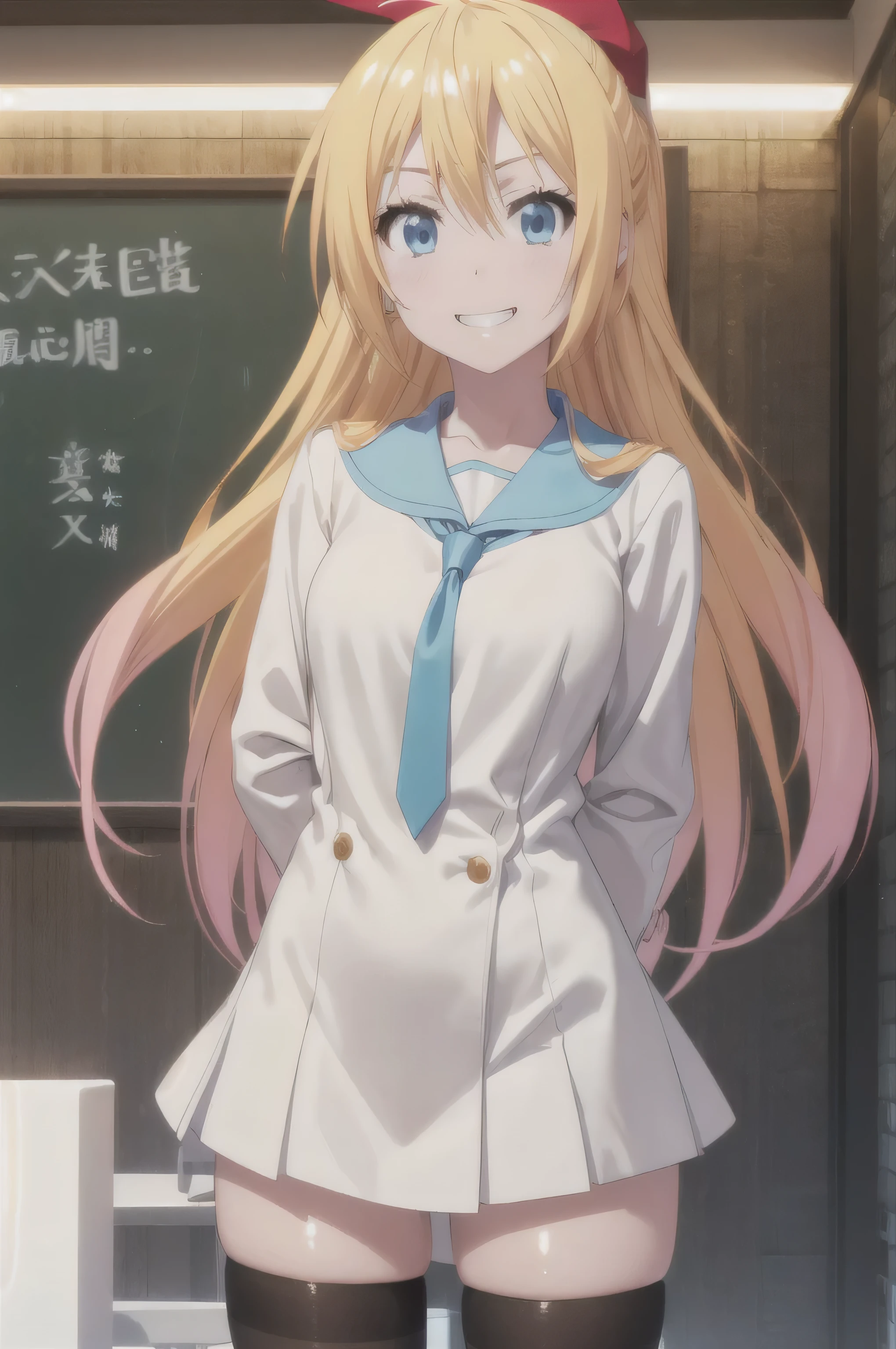 chitoge kirisaki, chitoge kirisaki, (Very detailed CG Unity 8k 壁紙), (Tabletop), (Highest quality), (Very detailed), (Best illustrations), (Best Shadow), (absurdes), One Girl, alone, school uniform, Seraphim, Orange tie, Light blue skirt, Black knee socks, Swayback stance:1.5, armpit:1.6, arms behind back, BREAK looking at viewer, (Cowboy Shot:1.5), smile, Grin, BREAK (masterpiece:1.2), High resolution, (figure:0.8), (Beautiful attention to detail:1.6), Very detailed顔, Perfect lighting, Very detailedCG, (Perfect hands, Perfect Anatomy), , (3D Face:1.1), (Shiny skin:1.5), (超High resolution intricate face details), (Facial skin pores:1.3), 超High resolution cloth texture