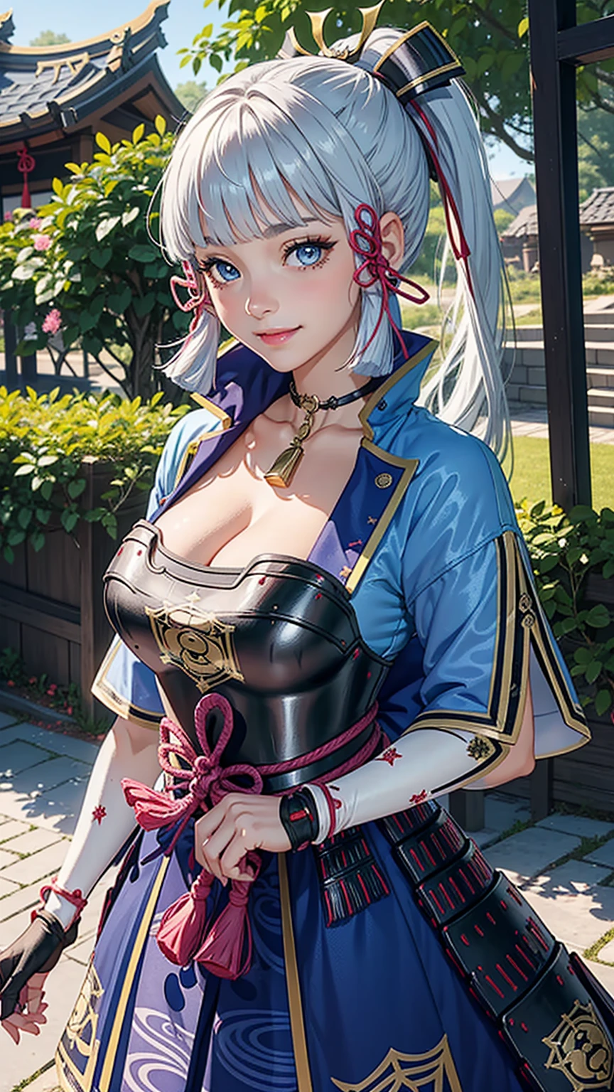 (Girl),(kamisatoayakadef),masterpiece,huge breast, outdoors, looking at viewer, detail eyes, detail face, standing, smile, (from front:1.8), upper body shot,(detailed face), (cleavage),