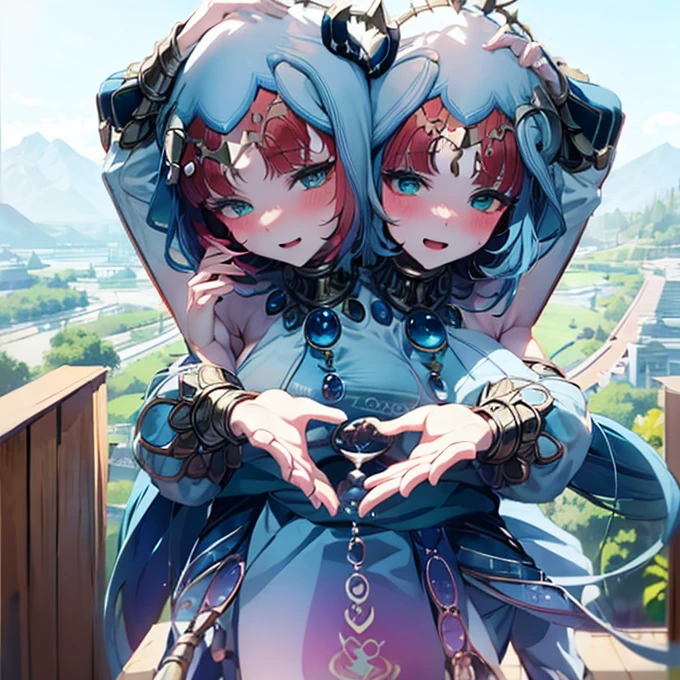 DSLR Photos, (8ก, 4K, Masterpiece),(Masterpiece, best quality), best resolution, (3 heads:1.5), aqua hair, twin tail, long hair, tear, open mouth, smile, be happy, Arms separated,Hotel Rooms, arm circle, (Put your hands on your head...), (lower hand on ankle), (lower hand on leg), Full content in the frame, full body view, (four arms),(Multi-arm),(many hands), รูปร่างเพรียวบาง Masterpiece,best quality,best resolution,1 woman,2 heads,Niludev details, upper body, smile, Blush, outdoor, day, simple background, blue sky, short hair, sky, measure, Look at the viewer., stairs, mountain, mood light, Facing the audience,big breasts,simple background,Beautiful face,Beautiful hair,beautiful eyes,beautiful body,Beautiful hands,conjoined twins 