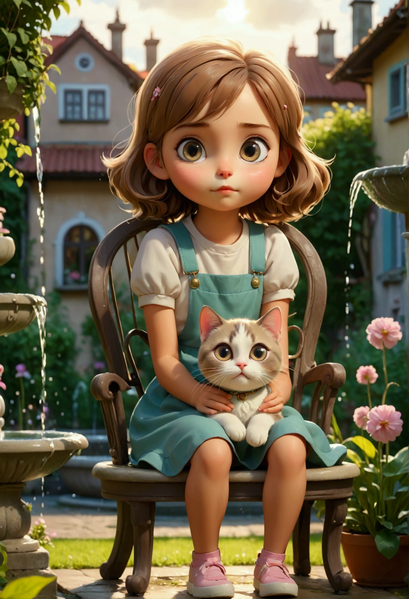 A girl sits on a chair with a round-eyed cute cat, Garden fountain, , Distant houses.