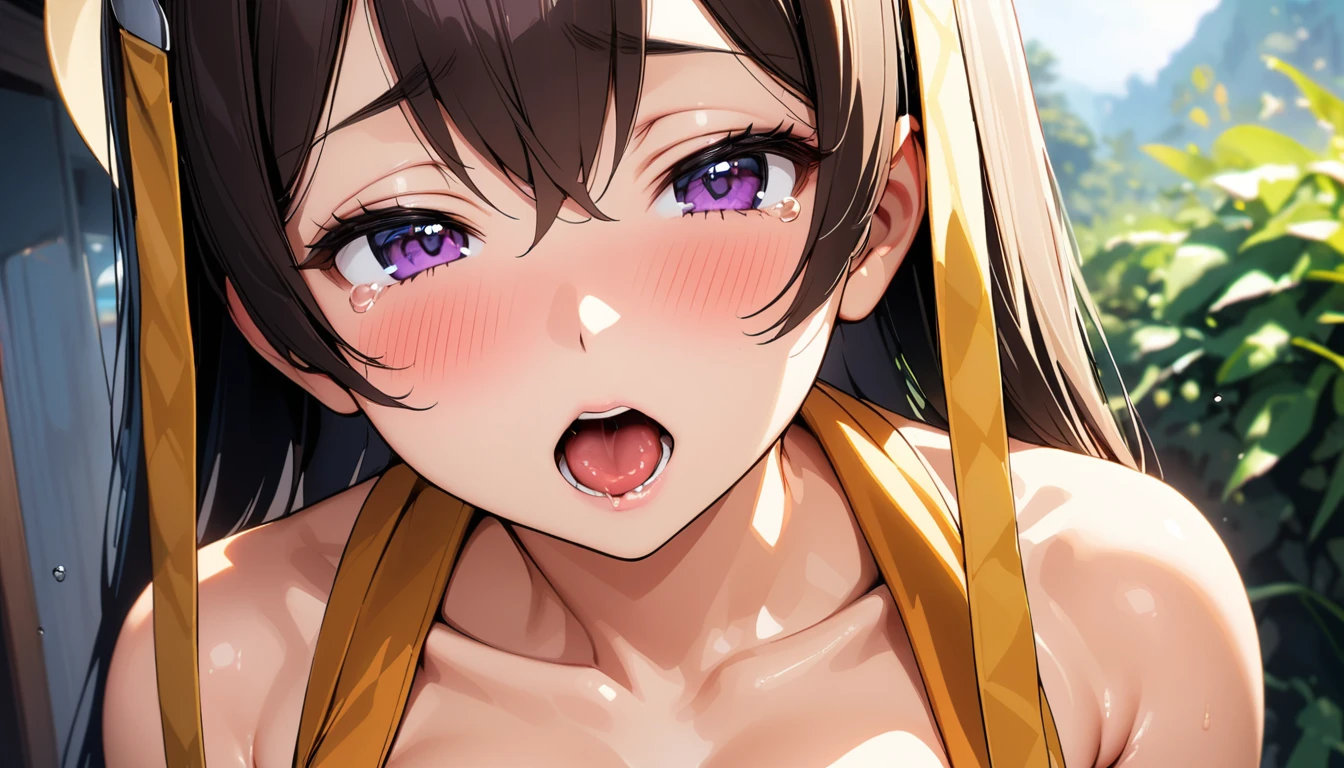 [1girl, xuangzang sanzang \(fate\), fate/grand order], beautiful detailed eyes, purple eyes,(tareme), (half-closed eyes), (opened mouth), nsfw, curvy, Slender, (close-up mouth), Highest quality, Super detailed, masterpiece, Ultra-high resolution, 8k, Embarrassing, blush, Lovely, Close one eye, (With tears in her eyes and her mouth open), Sticky saliva