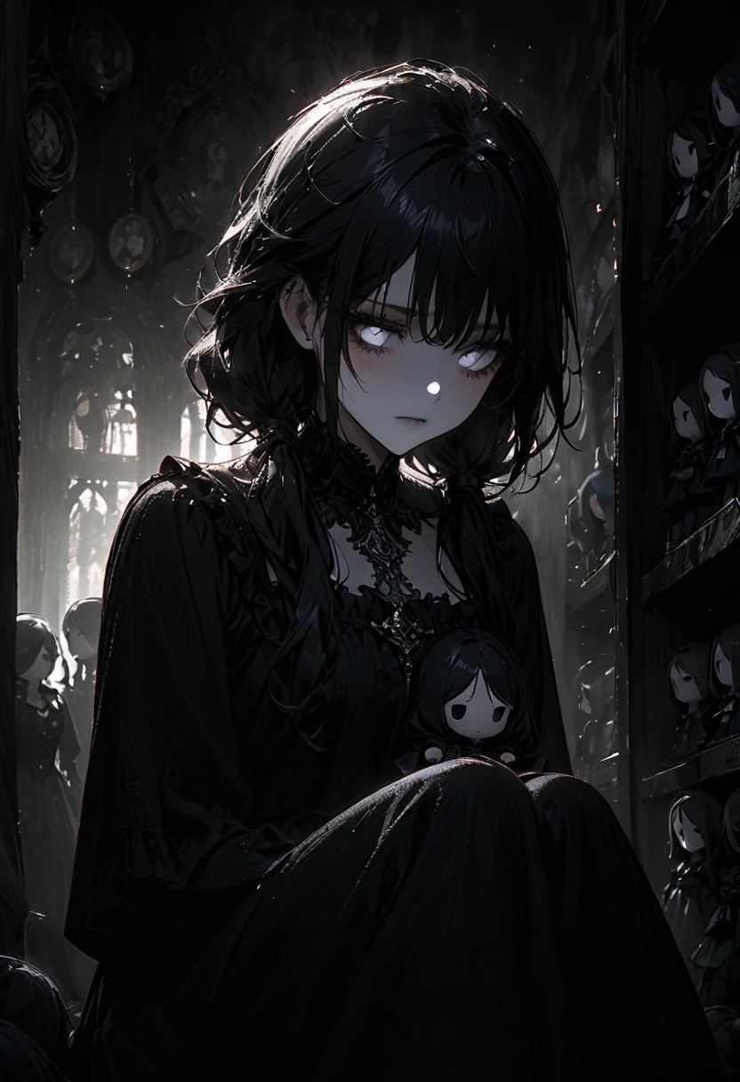 1porcelain doll, low twintails with black rose, black hair, detailed face, ((emotionless expression)), ((lifeless)), plain white skin, plain white eyes, long eyelashes, (gaze down), black eye liner, black makeup, gray lipstick, black dress, ornate, medieval theme, (dark horror theme), cold lighting, white lighting, (dust), sitting immovable, (tilt head), (sitting in dark conner of doll shop), (doll shelf), porcelain doll, (masterpiece:1.2), super detailed, best quality, DeepNegative_xl_v1