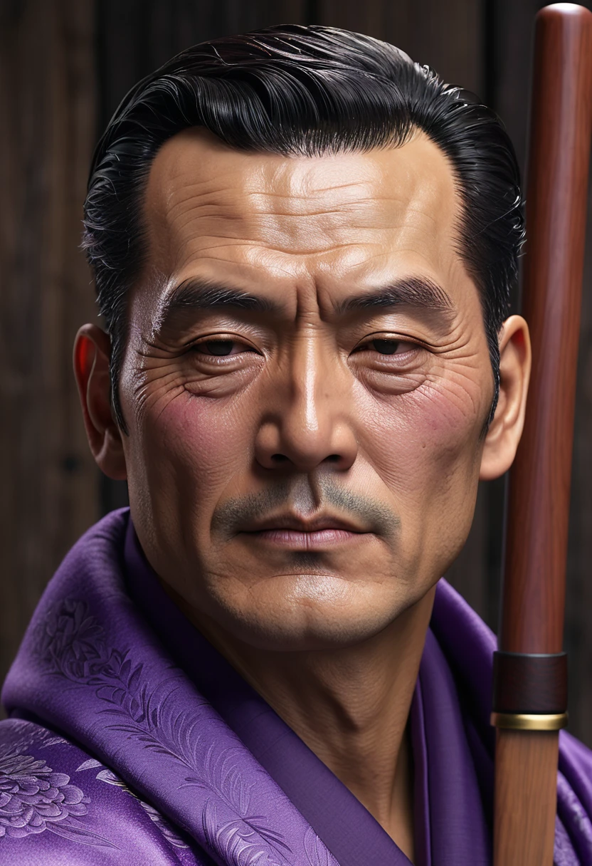 masterpiece, best quality, extremely detailed, hyperrealistic, photorealistic, a cool 50s man, ultra detailed face:1.1, closed eyes:1.2, scar on forehead:1.2, scar across eyes:1.2, super short hair, purple scarf, purple kimono, brown wooden sword