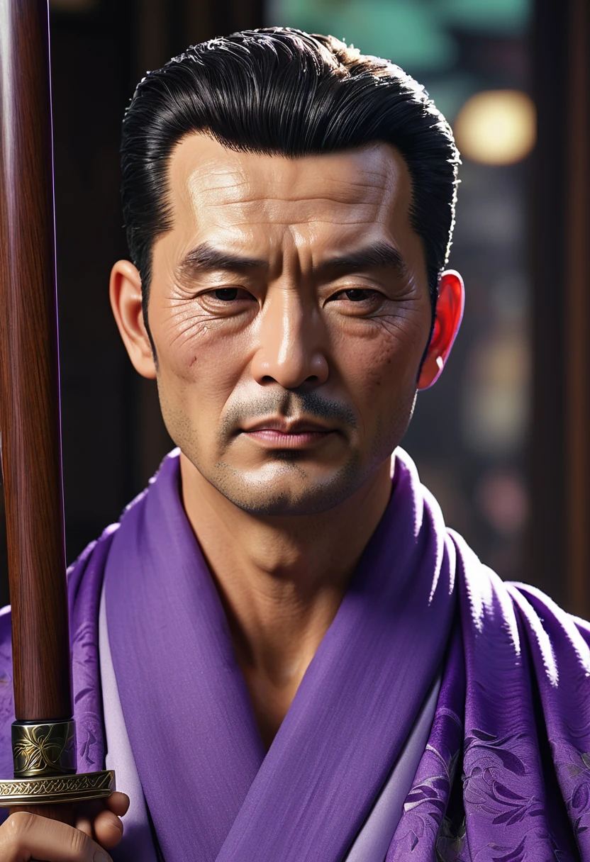 masterpiece, best quality, extremely detailed, hyperrealistic, photorealistic, a cool 50s man, ultra detailed face:1.1, closed eyes:1.2, scar on forehead:1.2, scar across eyes:1.2, super short hair, purple scarf, purple kimono, brown wooden sword