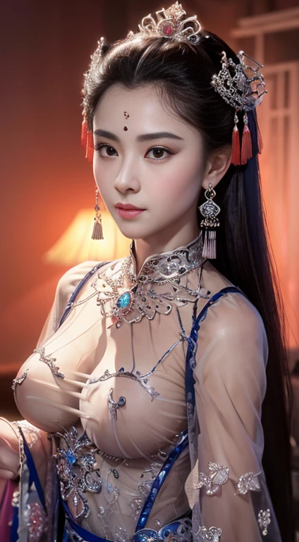 masterpiece, best quality, 1 girl, ((Large Breasts)， Long hair，(Siamese transparent black silk)，(On clothes，Breast position，There are jewelry，Five circles, )，Looking at the audience, (precise、Perfect face shape:1.3)，（Beautiful fingers），(Crotch front display)，Ultra HD，Ray Tracing,，reflected light， Correct structure，The award-winning，High Detail，Reduce shadow contrast，Facial lighting ，Cinema Lighting，masterpiece，Super Detail，high quality，High Detail， best quality，16K，High contrast，Close-up of woman, A young woman plays, Chinese Empress, yun ling, song nan li, , gujian,  zhao yun, Chinese Princess