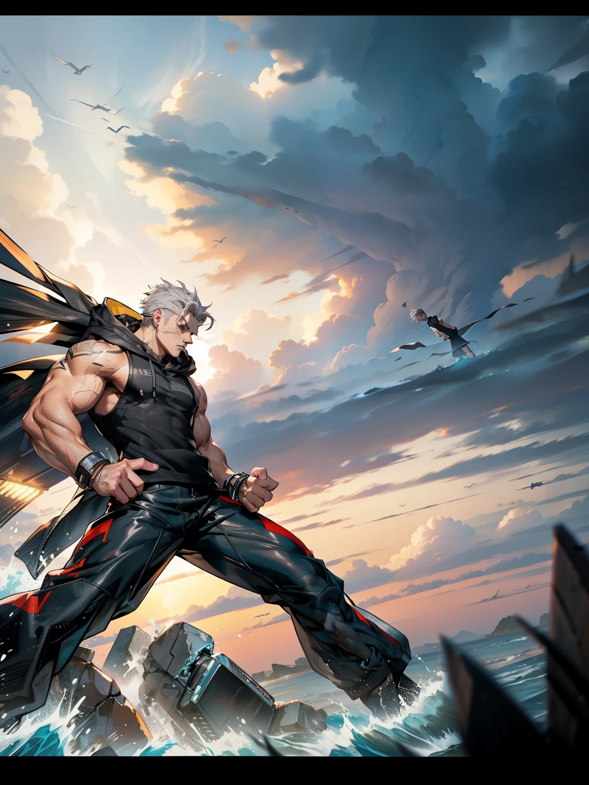boys 26 Years old, Serious face, muscular, ((black sleeveless sweater, hoodie)), black pants, gray hair, standing in ocean, storm weather,