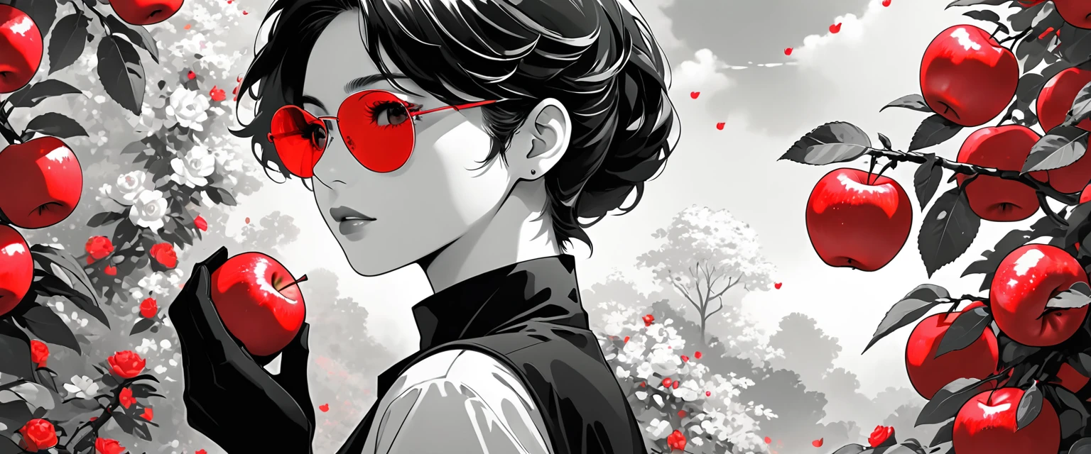 masterpiece,best quality,detail,Perfect composition,Excellent quality,HD Wallpapers,A young woman wearing crimson sunglasses,A young man holding an apple,Many apples on the apple tree,2 people,Rose,illustration,With black aesthetics、Anime aesthetic style,I can't believe how beautiful it was,Black Pearl and Mint,Monochrome minimalist portrait,Pop artistic sense,whole body,Dynamic,Solitary,Posing with hands on chest,