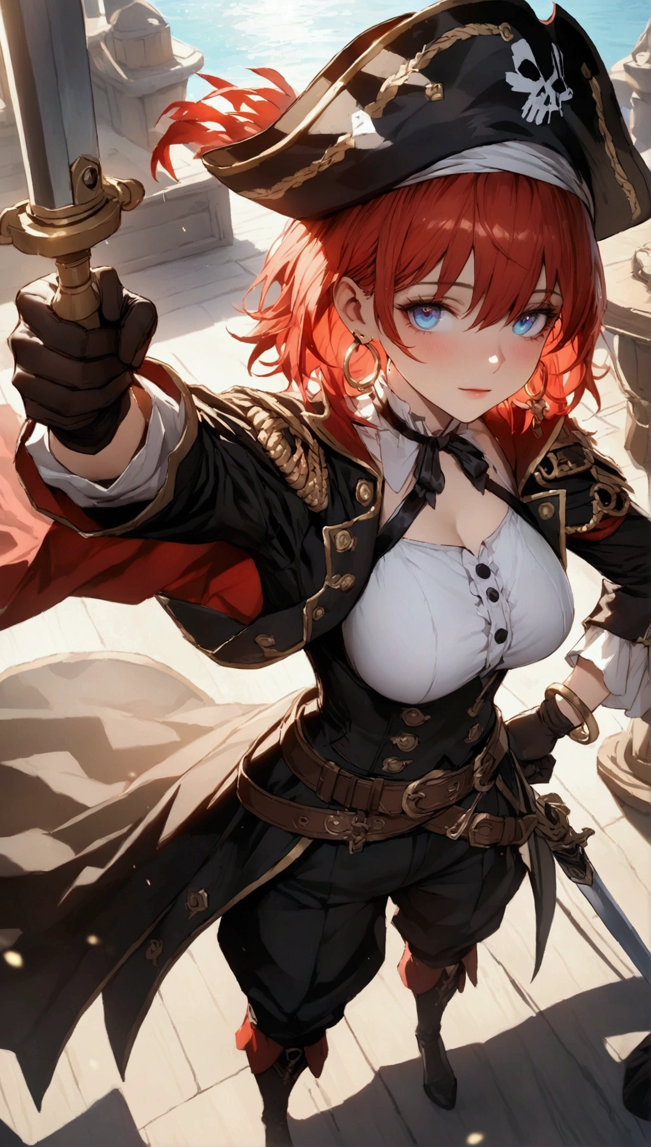 (Masterpiece. The best quality. 8K. Sharp focus. Depth of field, The best shadows. Perfect lighting. HDR. Realistic skin texture. Ultra-detailed background. Detailing). Anime style. Honkai: Star Rail. March 7. 1 girl. Fiery red hair, short hair. Azure - blue eyes, beautiful eyes, beautiful eyes, expressive eyes. Beautiful nose, perfect facial features.  of the second size, beautiful breastsbeautiful legs. Pirate hat, white blouse, pirate pants, pirate knee-high boots, leather elbow-length gloves, wide belt at the waist, gold bracelets on the hands, gold hoop earrings in the ears. Pirate cloak uniform. Shoulder straps with the Jolly Roger on the shoulders. On the belt there is a saber and a musket. Stands at full height at the helm of the ship. Full body.