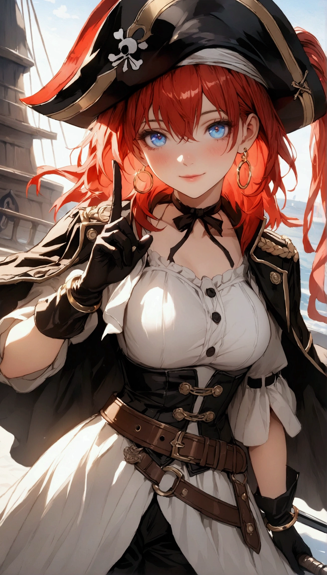 (Masterpiece. The best quality. 8K. Sharp focus. Depth of field, The best shadows. Perfect lighting. HDR. Realistic skin texture. Ultra-detailed background. Detailing). Anime style. Honkai: Star Rail. March 7. 1 girl. Fiery red hair, short hair. Azure - blue eyes, beautiful eyes, beautiful eyes, expressive eyes. Beautiful nose, perfect facial features. Breasts of the second size, beautiful breasts. Long beautiful legs. Pirate hat, white blouse, pirate pants, pirate knee-high boots, leather elbow-length gloves, wide belt at the waist, gold bracelets on the hands, gold hoop earrings in the ears. Pirate cloak uniform. Shoulder straps with the Jolly Roger on the shoulders. On the belt there is a saber and a musket. Stands at full height at the helm of the ship. Full body.