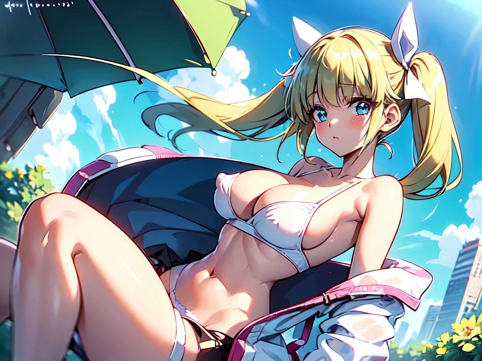 (busty girl), solo, (unexpected expression)(mouth open, (white jacket), pink(sport bra), (covered nipples), narrow constricted waist, nuder underbody, narrow hips, bare hips, (visible vulva(labia)(erect clitoris)urethra,(pussy juice)trickling, (blond hair)buns(twintails), white ribbon, large eyes, blue eyes, sunny metropolis