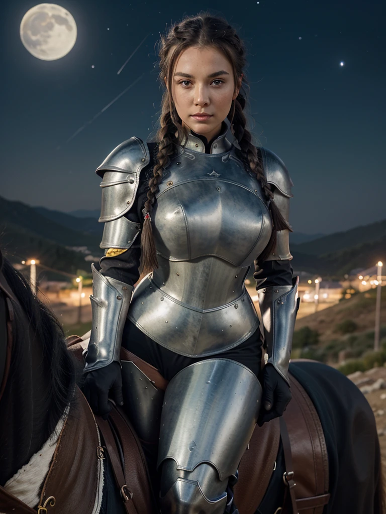 A beautiful girl, wearing iron armor, holding a sword, riding on a black horse, under a sky full of stars and moon, eyes looking forward, hair with flowers, skin as white as chicken eggs. peeled, long black hair in braids, big seductive breasts. Wearing attractive iron armor, comfortably posing on horseback in the high mountains