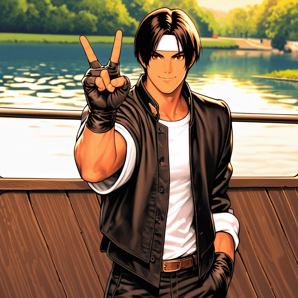 Orochikyo, Dark Skin, 1 person, Red eyes, Black jacket(Roll up your sleeves), Fingerless gloves, Black Hair, White T-shirt, ((White headband)), Black trousers, White shoes, Brown belt, good looking, shot, Charm, masterpiece, High resolution, Detailed face, fine grain, morning、null, A confident smile,Smiling man and woman looking out at the river from a pontoon boat in Petit Venice, France, Making a peace sign。