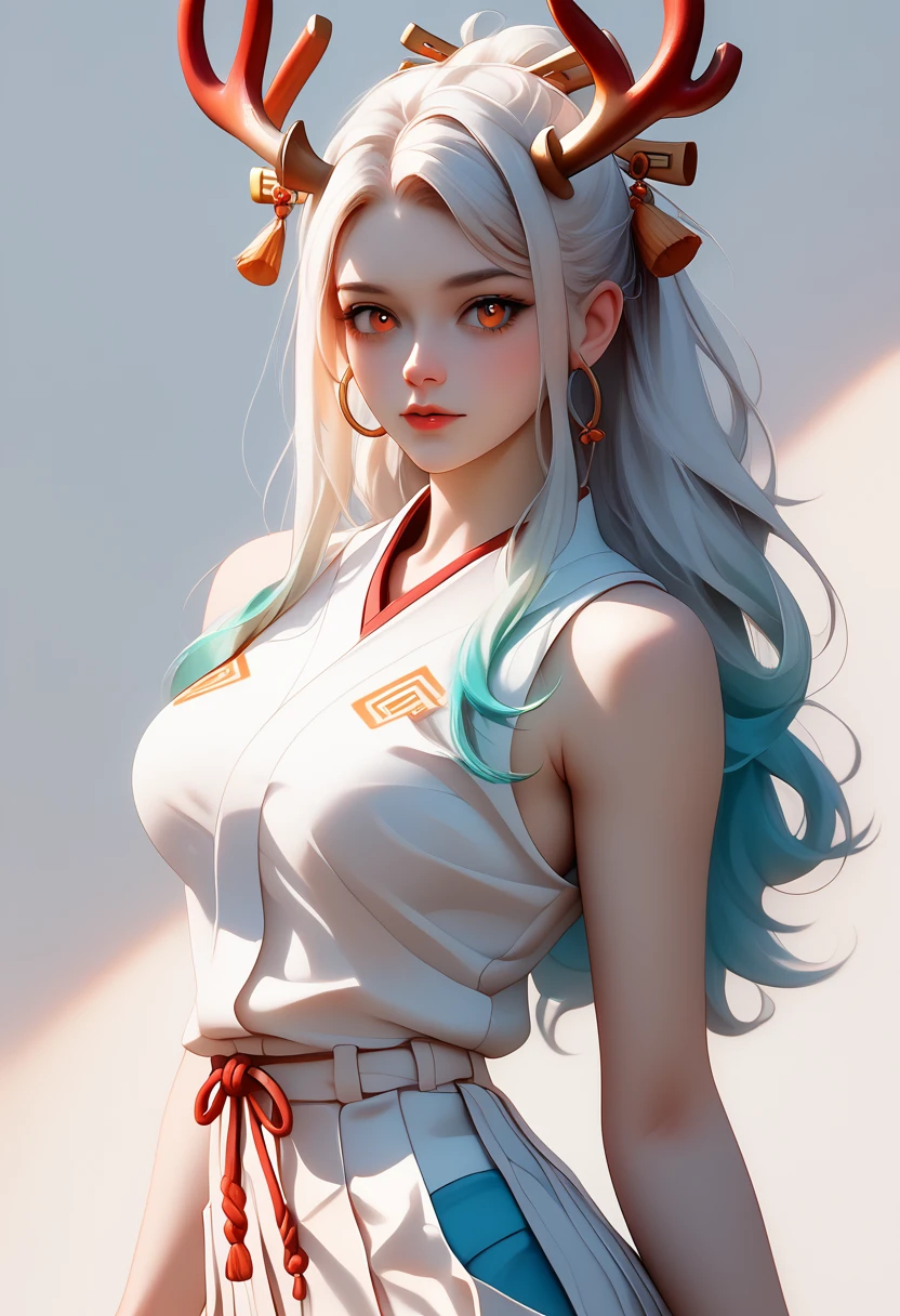 ultra realista 8k CG, work of art, ((ultra detailed background, delicate pattern, intricate-detail)), (highy detailed, fine-details), best qualityer, (photorrealistic:1.4),beautiful lighting,  absurderes, CRU photo, film grain, ((breasts big, masculine girl)), Yamato, long hair, 1 girl, antlers, White hair, standing alone, oni, red antlers, curled antlers, hair ornament, (multicolored antlers), jewerly, aretes, Japanese clothing, kimono, hair stick, sleeveless, bared shoulders, aqua hair, side locks, hoop aretes, hakama, ssmile, wide ssmile, ((orange eyes, masculine girl, breasts big)), (complex detailed background, barren earth, moonligh, portraite, close up),