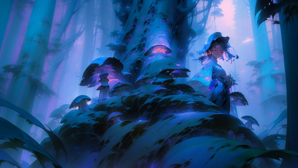 girl in the center, forest made out of mushroom, thick mushrooms, tall mushrooms, Purple sky, blue fireflies, anime