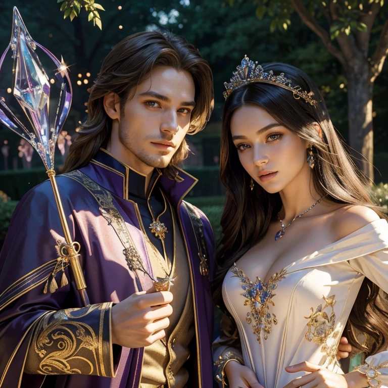 (​masterpiece, best quality:1.5), highest quality, High resolution, super detailed, Realists, Upper body photo of a brunette sorceress, detailed and beautiful eyes, beautiful detailed lips, very detailed eyes and face, longeyelashes, shiny satin dress, Holding a wand in your hand and performing a transformation spell, Magic wands present and shiny, Beautiful and colorful makeup, elegant and noble々The jewelry bag, Gardens as background, soft daylight, bright colors, fine brushstrokes, Portrait style, Silk dress fabric, beautiful color palette, glowing skin, First-class rendering, that captures every detail, enchanting atmosphere, subtle shadows and lights, (perfect anatomy:1.2), (The two stunning sorceresses transform men into princesses (a transformation with the magic wand:1.4), (magnificent panorama view:1.2)