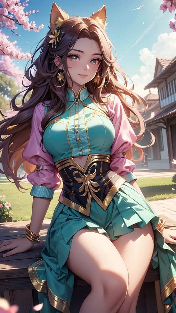 (best quality,4k,8k,highres,masterpiece:1.2),ultra-detailed,(realistic,photorealistic,photo-realistic:1.37),acrylic painting,beautiful Brazilian model in a uniform outfit teal and gold with downy hair,beautiful Brazilian model with extremely colorful brown hair and detailed facial features,beautiful Brazilian model standing in a beautiful garden surrounded by a starry sky,brown hair,beautiful Brazilian model wearing a vibrant pink teal and gold uniform outfit,beautiful Brazilian model with intricate accessories,cat ears, ,beautiful Brazilian model with long flowing twintails,beautiful Brazilian model with bright brown eyes and rosy lips,beautiful Brazilian model with a joyful expression,beautiful Brazilian model in a dynamic pose with cherry blossoms falling around her,beautiful Brazilian model surrounded by colorful flowers and butterflies,beautiful Brazilian model's school uniform outfit adorned with cute bows and lace details teal and gold,beautiful Brazilian model with an enchanting smile,beautiful Brazilian model with soft, pastel-colored shading,beautiful Brazilian model with a magical glow illuminating her,beautiful Brazilian model in a picturesque setting with a winding path leading to a magnificent castle,beautiful Brazilian model with a fairytale-like background,beautiful Brazilian model with a soft, dreamy atmosphere,beautiful Brazilian model with a subtle bokeh effect,beautiful Brazilian model standing under a sunny sky,beautiful Brazilian model with a warm, golden sunset in the background,beautiful Brazilian model surrounded by twinkling stars and colorful nebulae,creating an ethereal and captivating artistic masterpiece, sitting down, facing camera. 